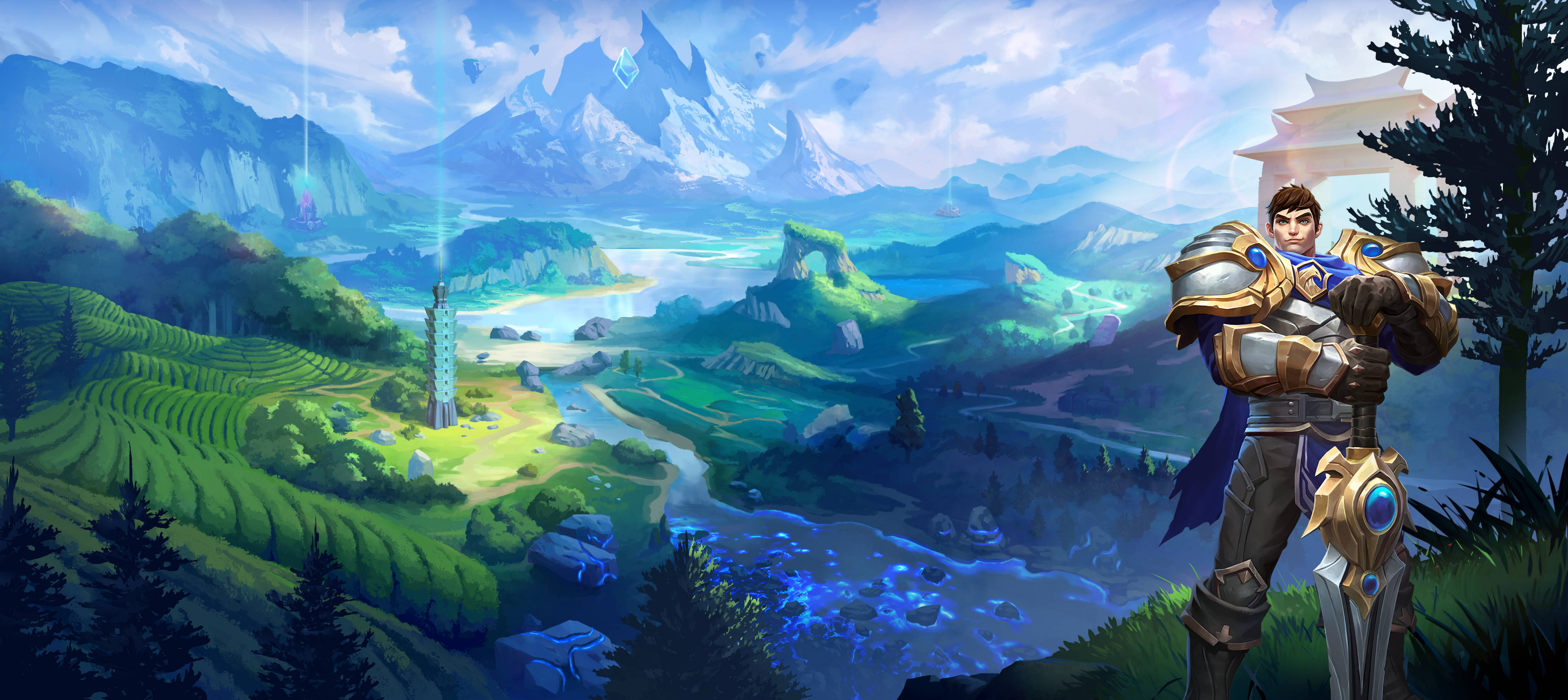 英雄聯盟：野區 Garen 壁紙 — 一位身穿華麗盔甲的英勇戰士站在懸崖上，俯瞰著一個充滿活力的山谷，山谷中有蜿蜒的河流、梯田狀的山丘和遠處白雪覆蓋的山脈，天空明亮。