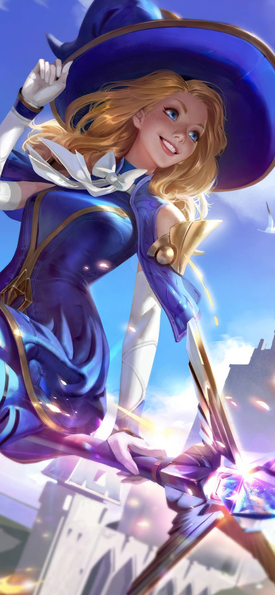 金髮藍帽的動漫女巫用發光法杖施展魔法。