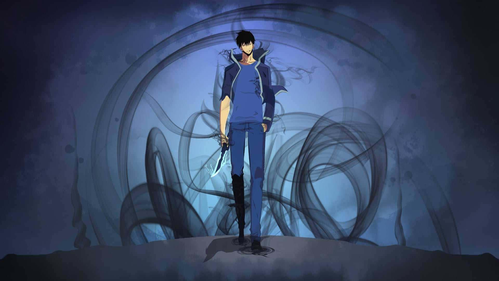 動漫角色在藍色虛空中被旋轉的黑暗能量包圍，手持發光的劍。