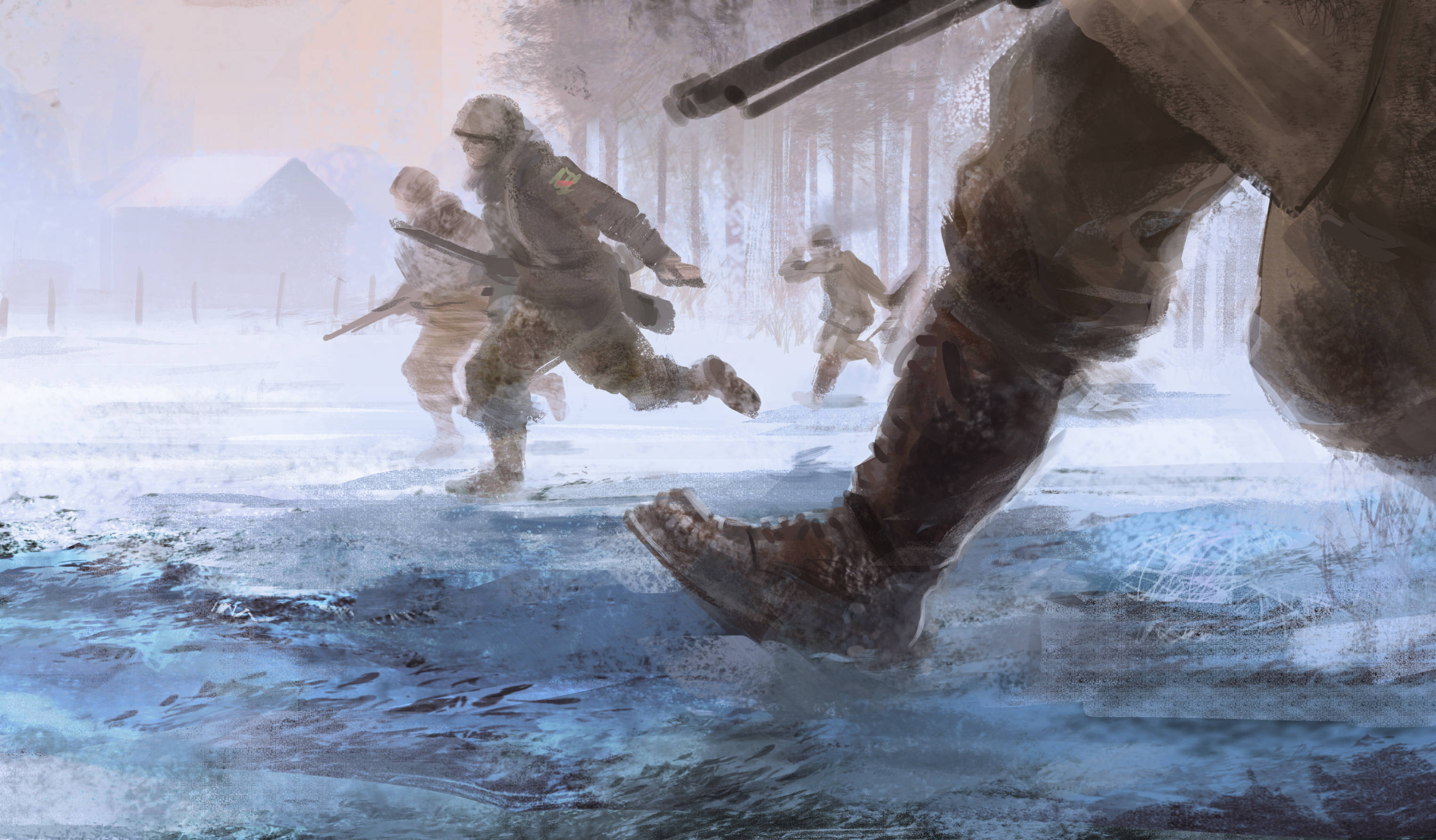 《英雄連隊2》士兵冰上奔馳 壁紙 — 穿著冬季裝備的士兵在雪地中衝刺，一隻巨大的靴子在冰冷的水中向前踏步。