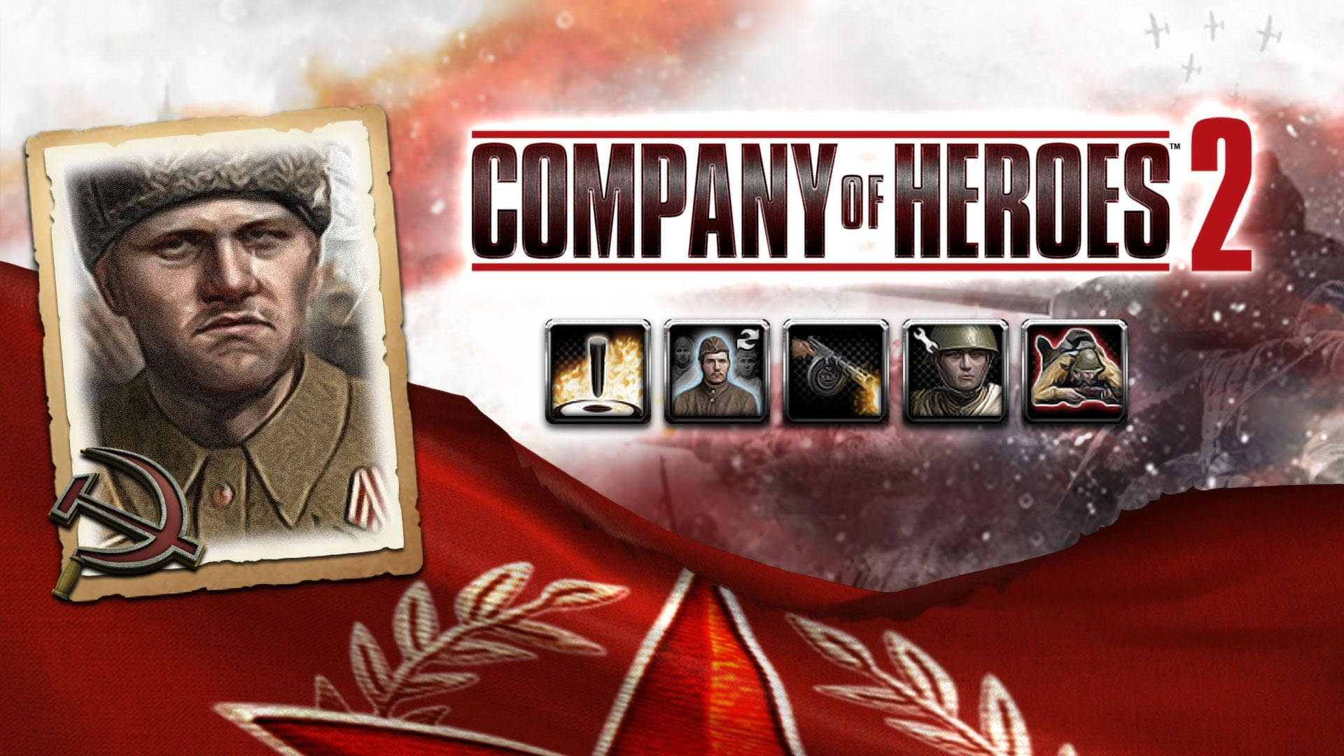 英雄連隊2 蘇聯部隊 壁紙 — Company of Heroes 2 中，紅旗上的蘇聯士兵肖像，背景有遊戲圖標和火熱煙霧。