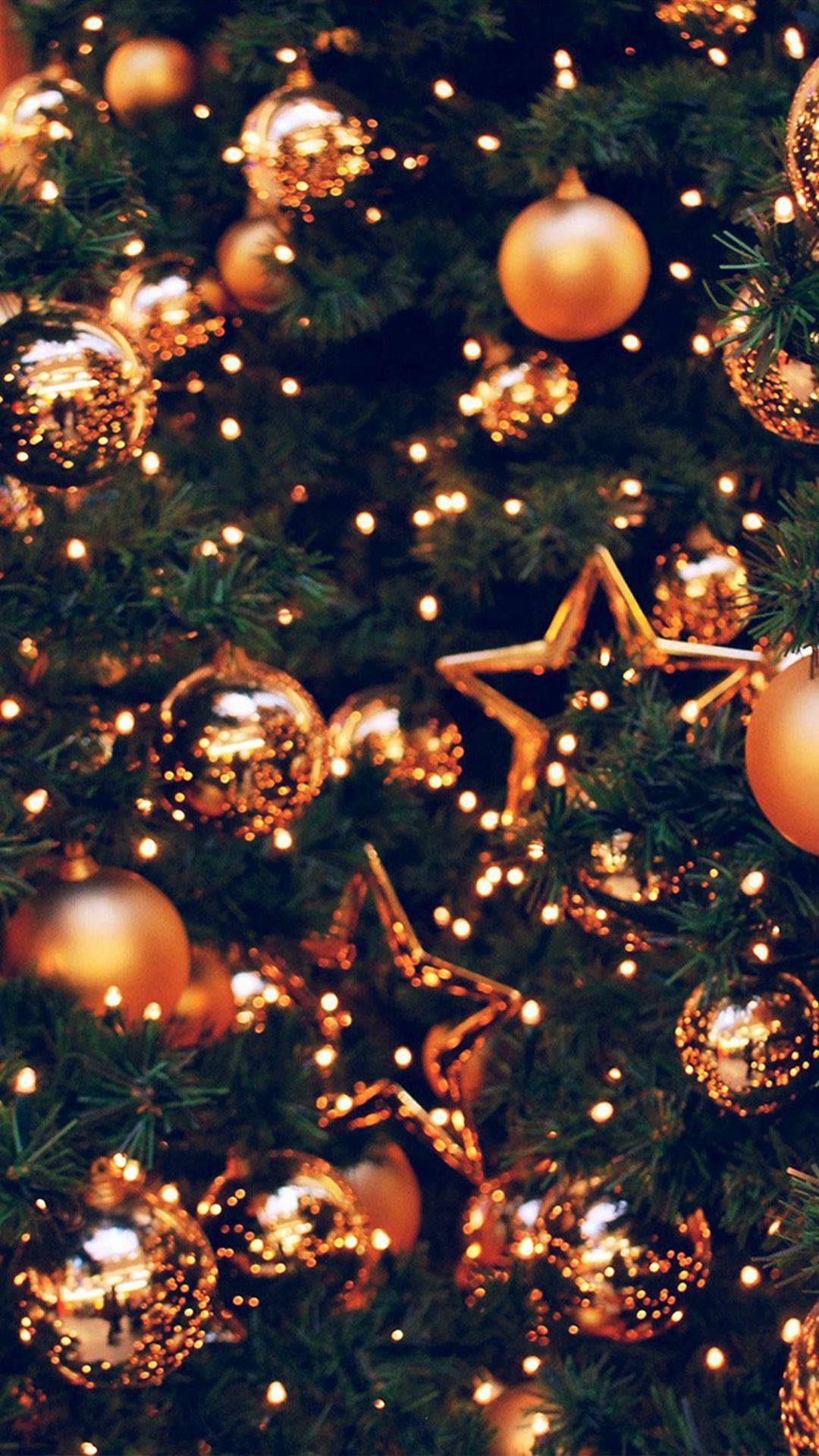 Christmas Lights iPhone Gold Stars 壁紙 — 茂密綠色聖誕樹的特寫，飾有閃爍的金色裝飾品和閃爍的童話燈。