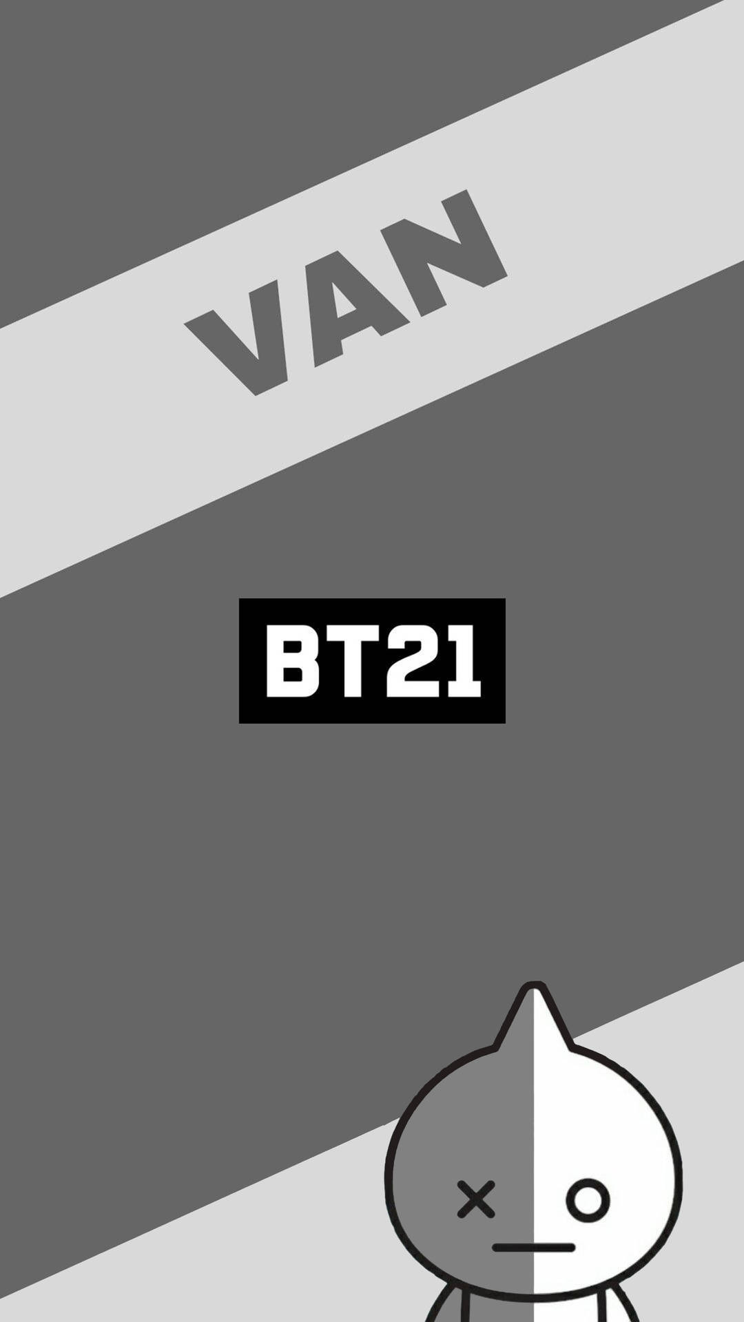 BT21角色臉部一分為二，置於灰色斜紋下，帶有文字van和bt21