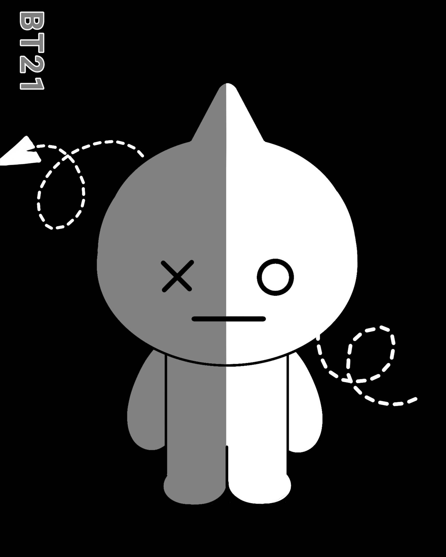 BT21角色分成灰色和白色兩半，周圍有虛線旋轉。