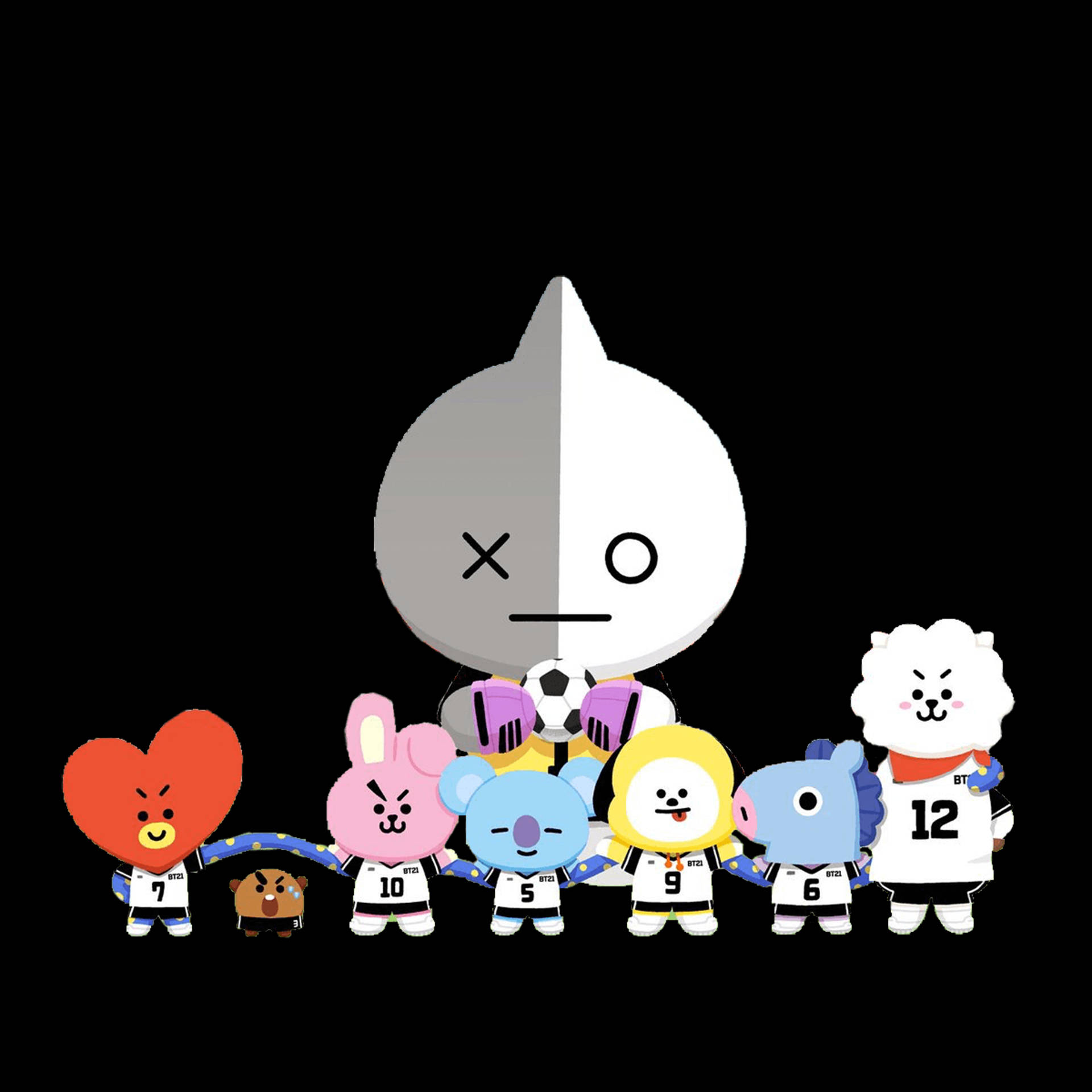 BT21角色穿著足球制服在團隊隊伍中手牽手。