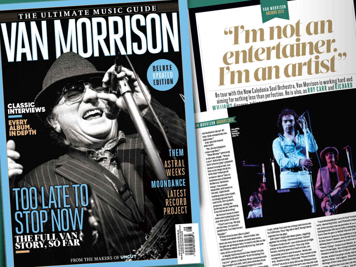 Van Morrison 喺音樂雜誌封面微笑，上面有文字同相片。
