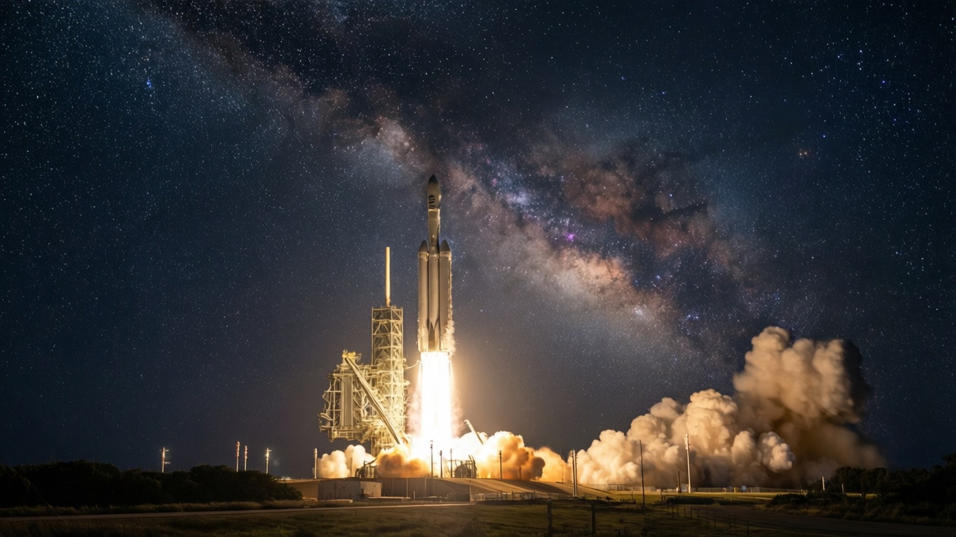 SpaceX Falcon 9 在范登堡空軍基地夜間發射，背景是銀河 壁紙