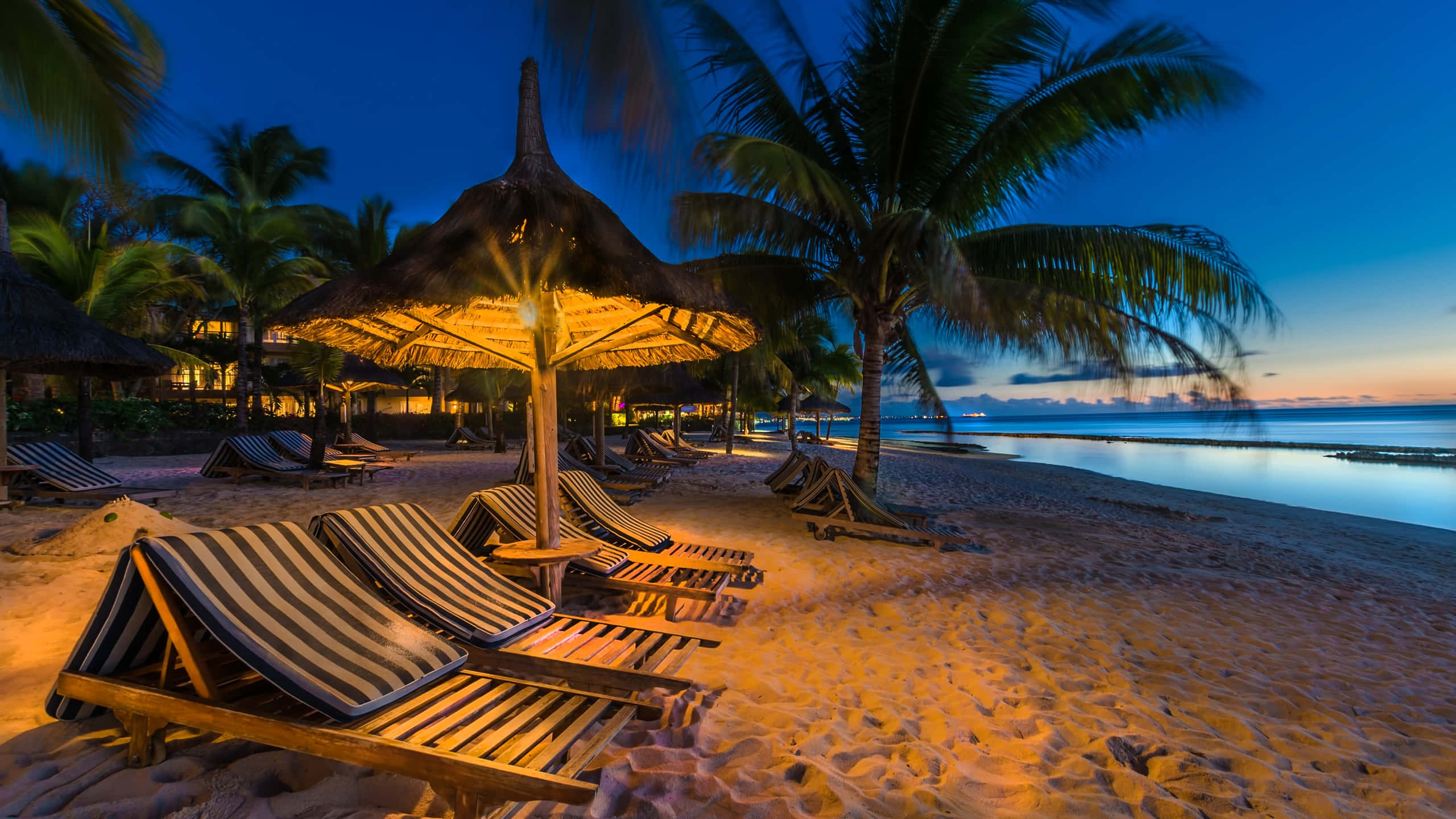 Beach Sunbed 桌布 壁紙 — 茅草遮陽傘下溫暖照亮的沙灘躺椅，在暮色天空下閃耀，棕櫚樹在平靜的海水旁搖曳。