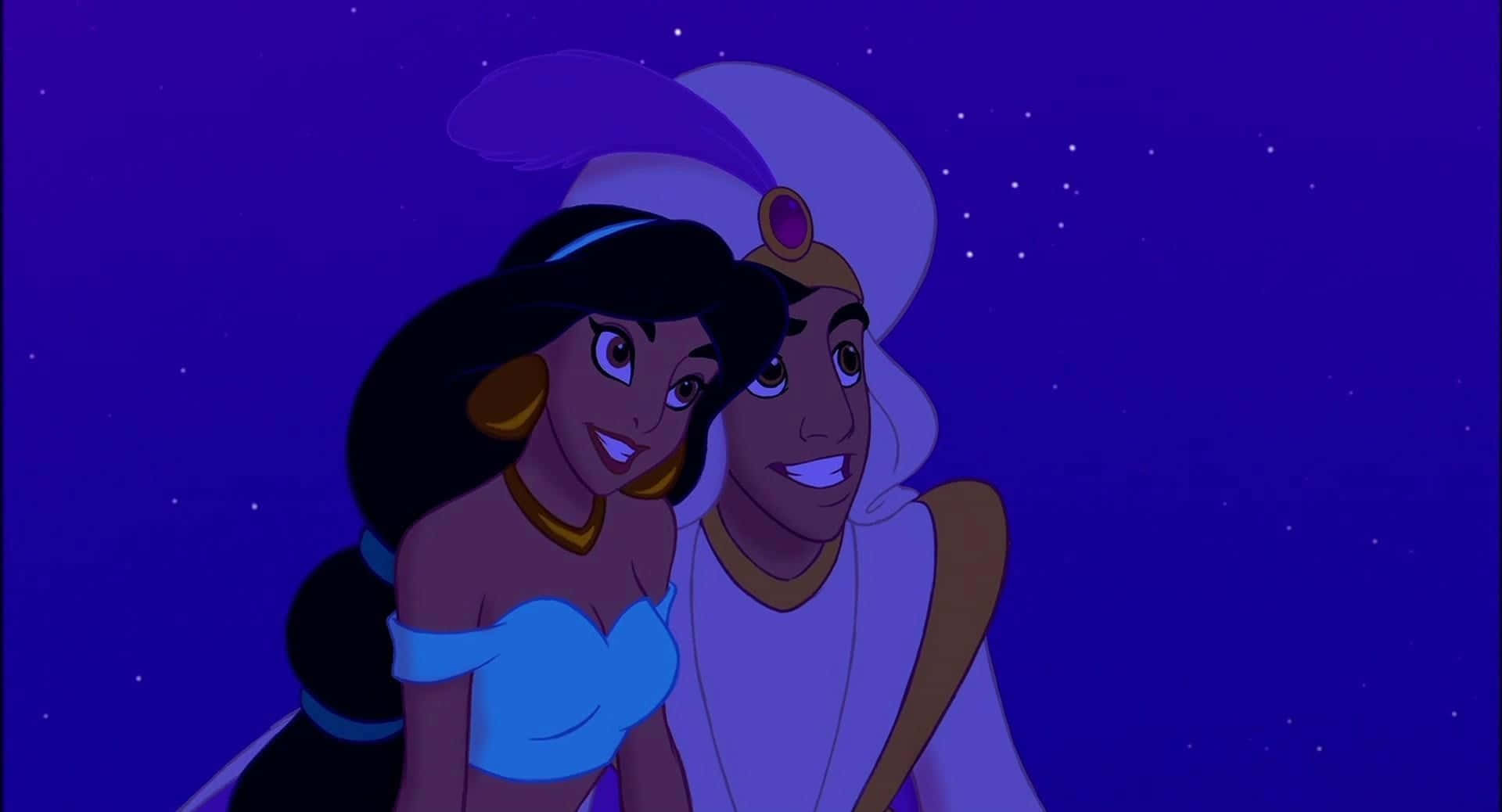 Aesthetic Disney 桌布 壁紙 — 茉莉公主與阿拉丁在繁星點點的夜空下分享溫馨時刻，經典迪士尼動畫場景。
