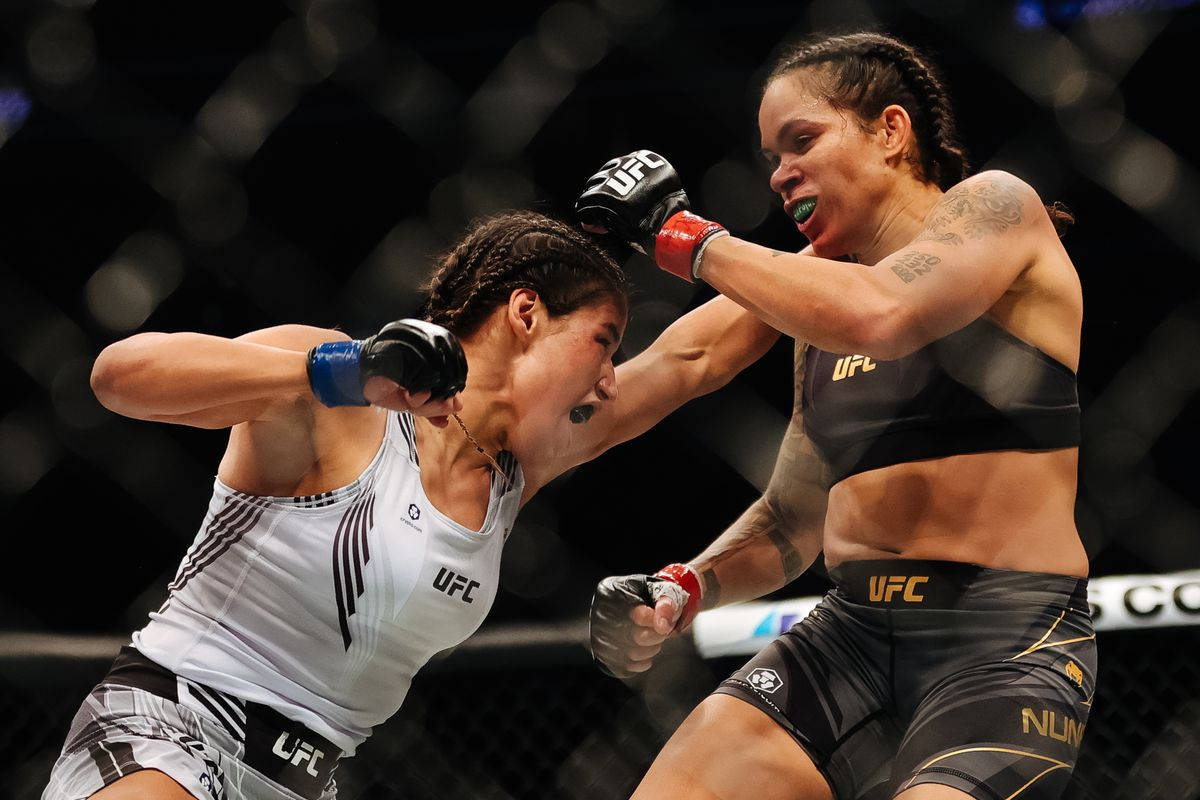 茱莉安娜·佩納對抗阿曼達·努內斯 壁紙 — 兩名女性MMA拳手在籠中交鋒，其中一人向對手面部猛烈出拳。