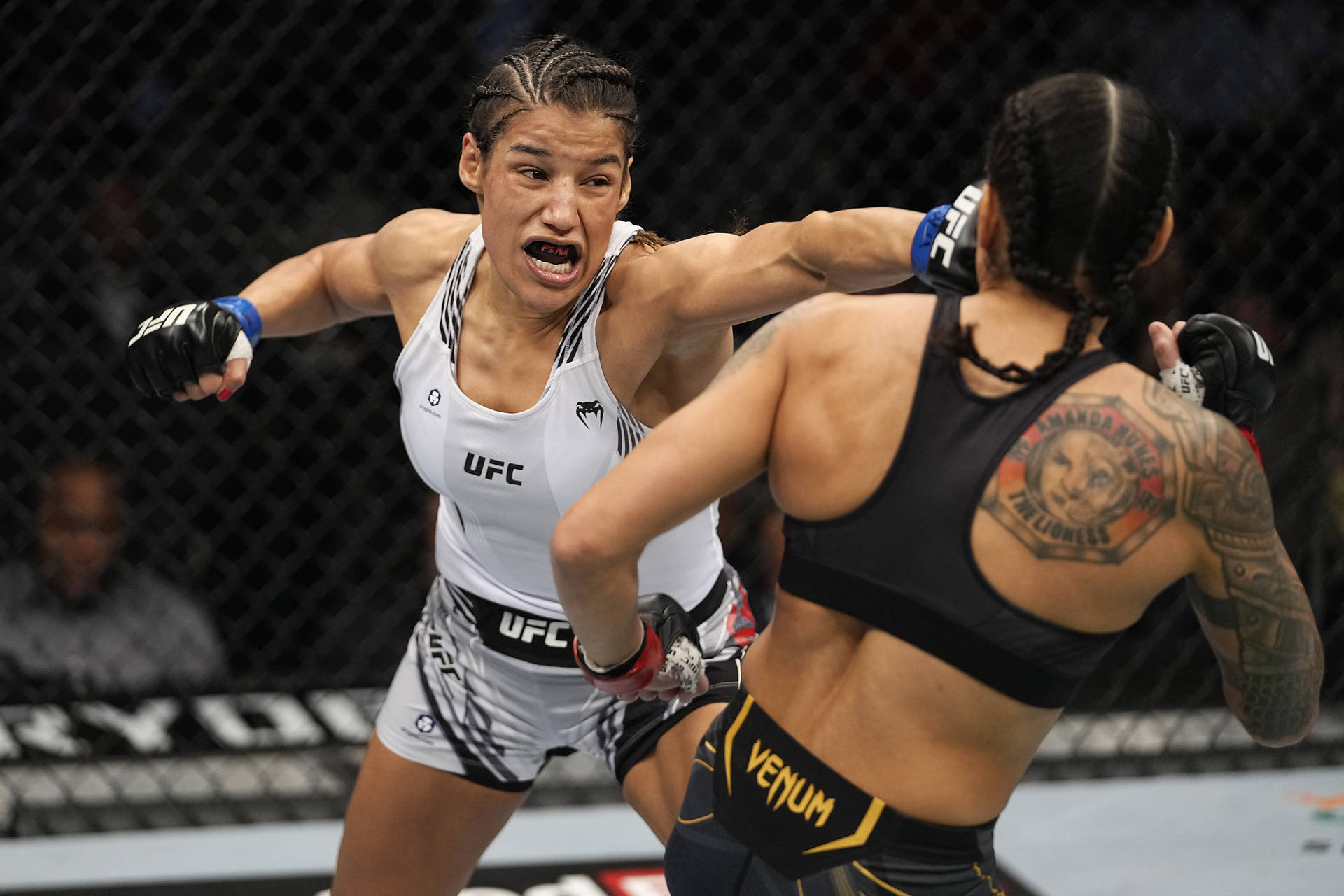 茱莉安娜·佩納擊打阿曼達·努內斯 壁紙 — 兩名女性MMA拳手在UFC八角籠內激烈交鋒，其中一人打出強力一拳。