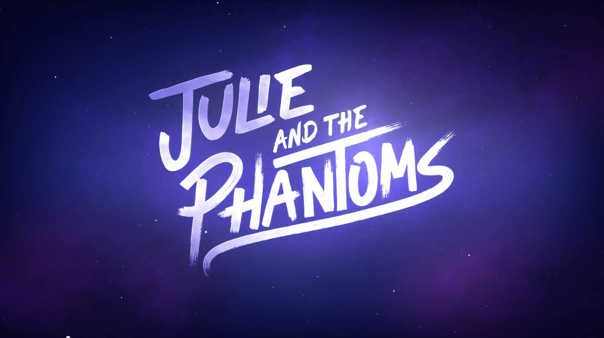 星光燦爛的紫色夜空，帶有發光的白色筆觸標題文字，讀出 Julie and the Phantoms。
