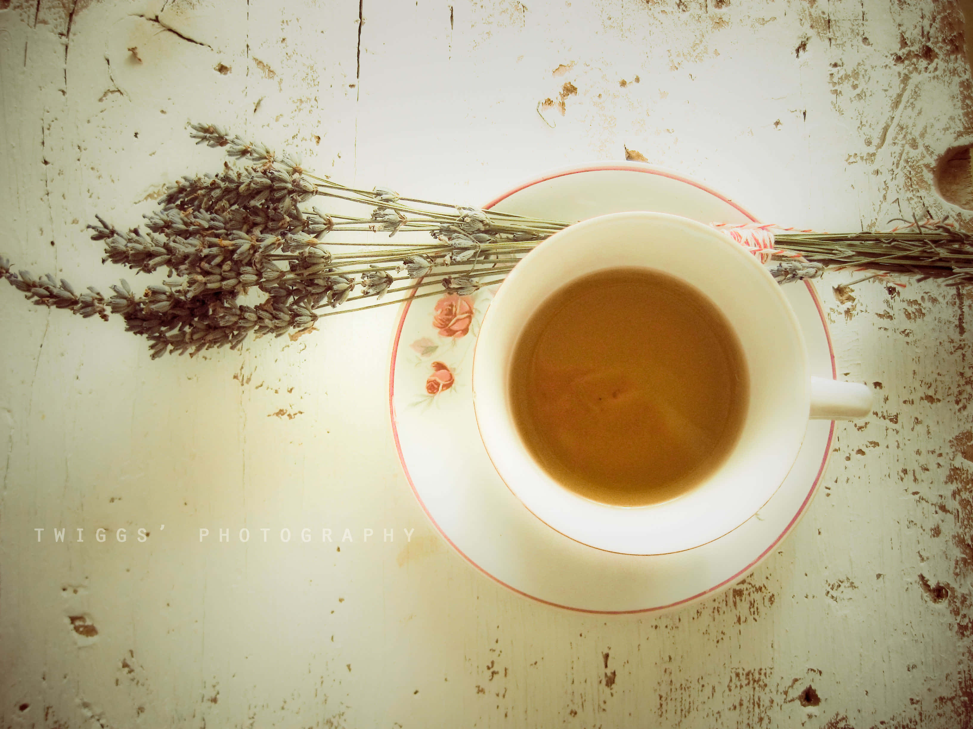 茶杯俯視圖 壁紙 — 俯視一個白色茶杯，盛滿琥珀色茶，旁邊放有乾薰衣草，置於經風化的白色木質表面上。