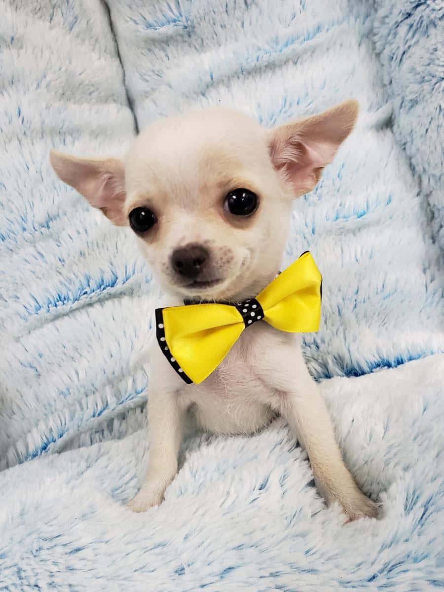 一隻細小白色芝娃娃幼犬在藍色毯子上戴著黃色蝴蝶結。
