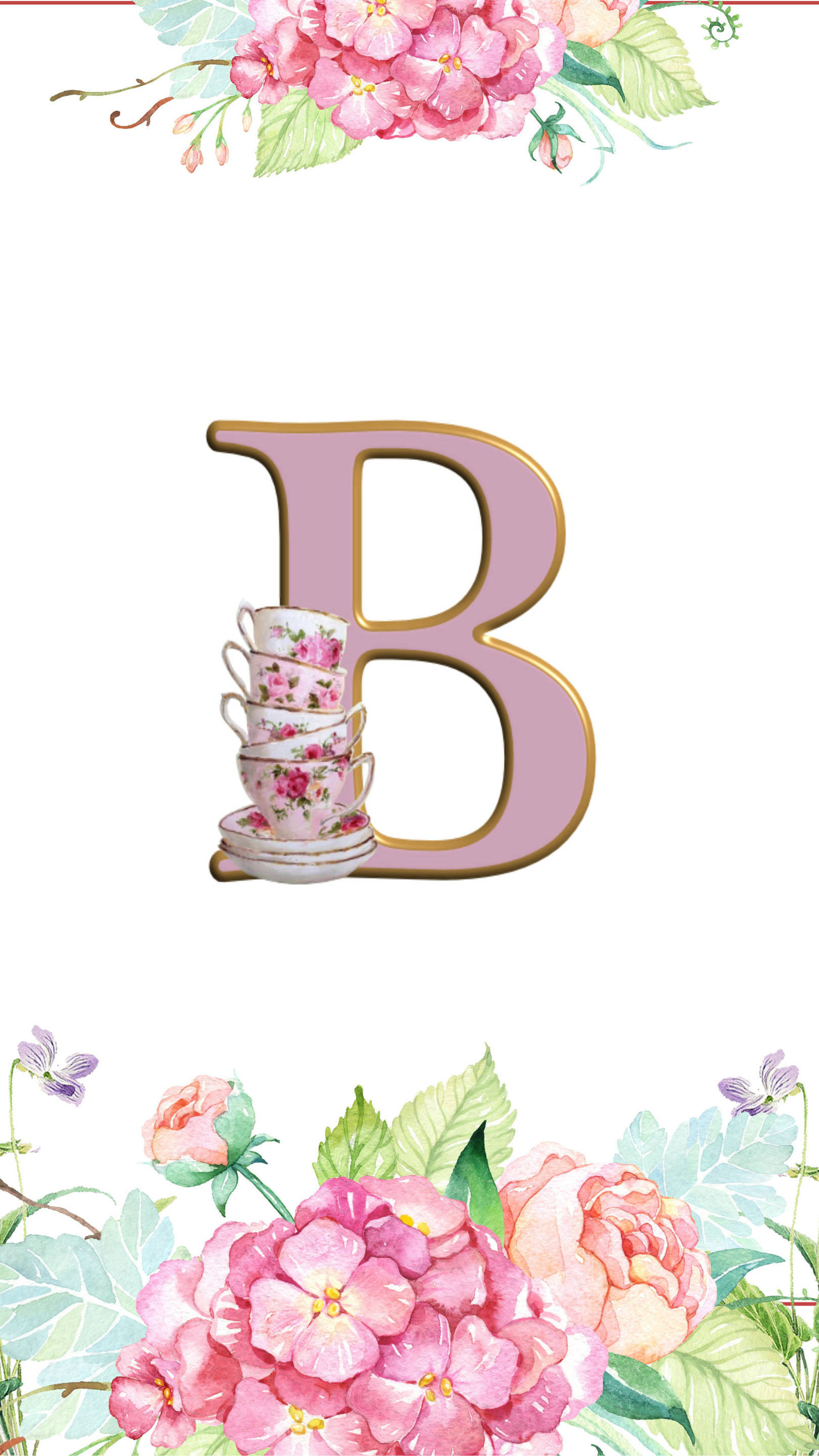 茶杯字母B 壁紙 — 一個帶有金色邊框的粉紅色大字母B，托著疊放的花卉茶杯，周圍環繞著水彩粉紅色繡球花和玫瑰。