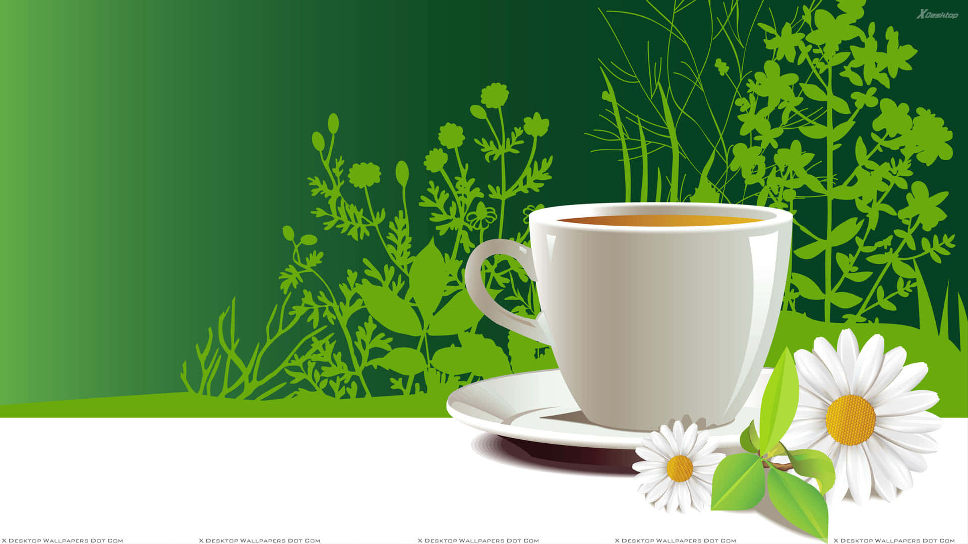 茶杯數位藝術圖 壁紙 — 一隻白色茶杯放在碟子上，旁邊有雛菊，背景係充滿活力嘅綠色植物。