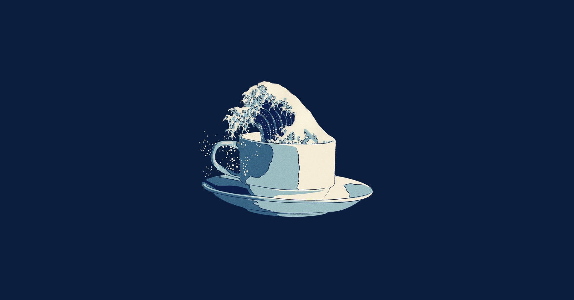 茶杯中湧出巨浪，背景為深藍色。