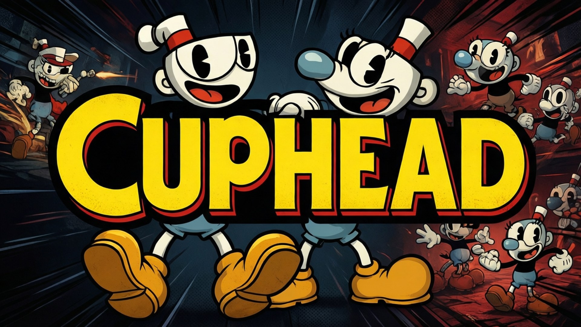 茶杯頭文字設計 壁紙 — Cuphead 和他的兄弟 Mugman 帶著愉快表情向前跳躍，背景是充滿其他杯子角色的黑暗動態背景。