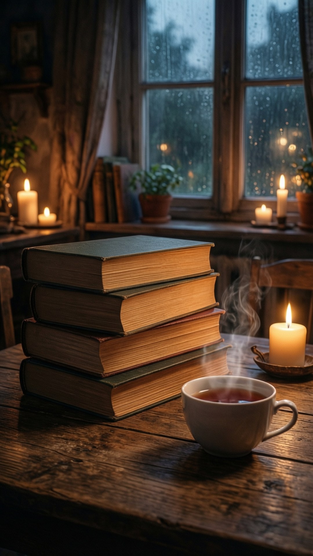 一疊書和冒煙的茶杯在木桌上，配有蠟燭和雨窗。