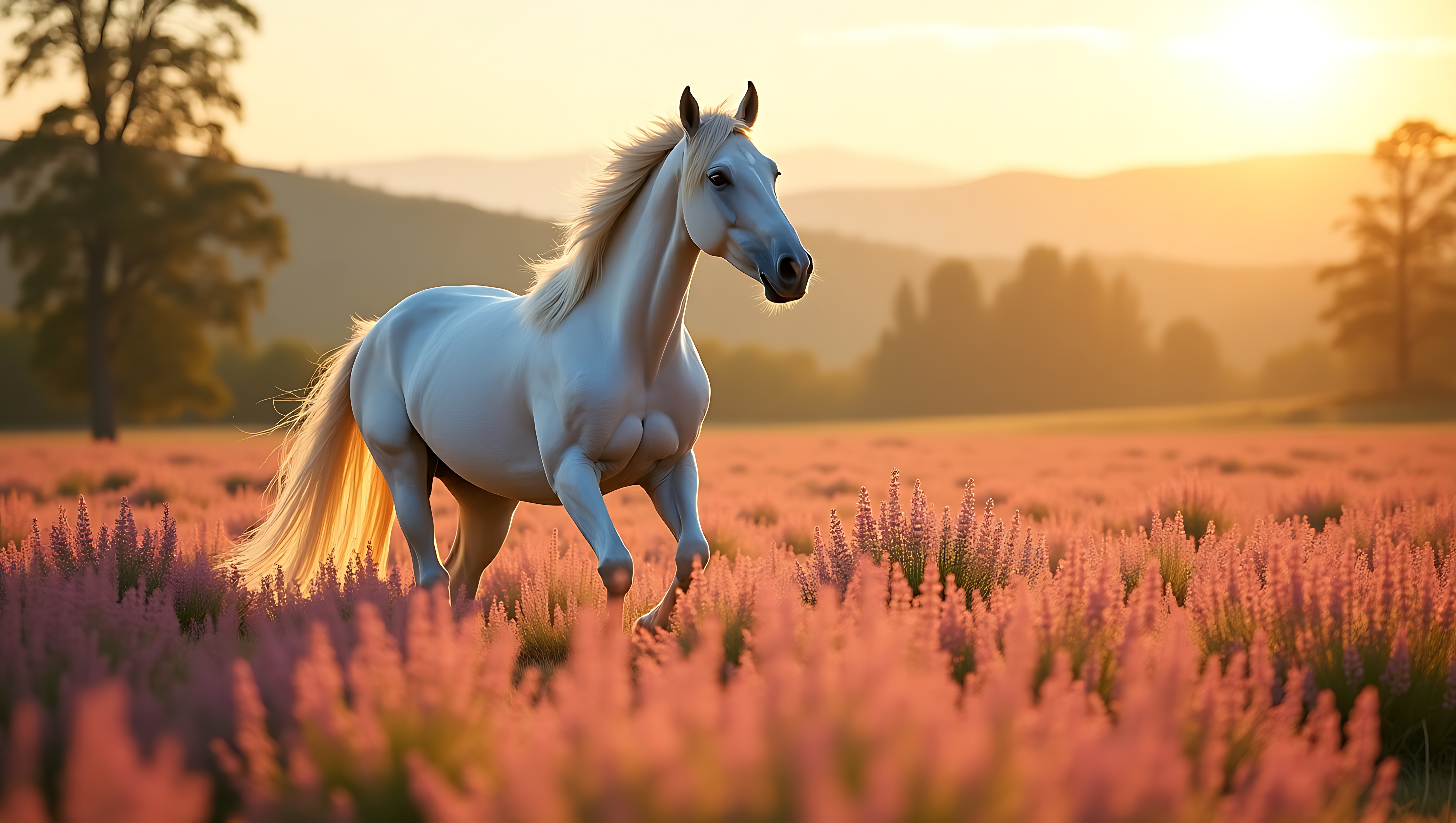草原上的馬自然風景 壁紙 — 一匹雄偉的白馬在金色時光中奔馳過粉紅色的薰衣草田，背景是起伏的丘陵。