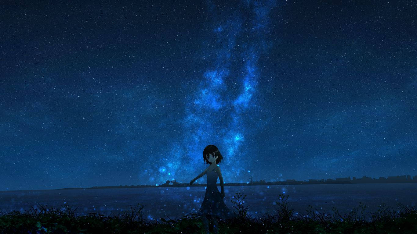 動漫女孩站在水邊，頭頂是充滿發光宇宙塵埃的繁星點點的藍色夜空。