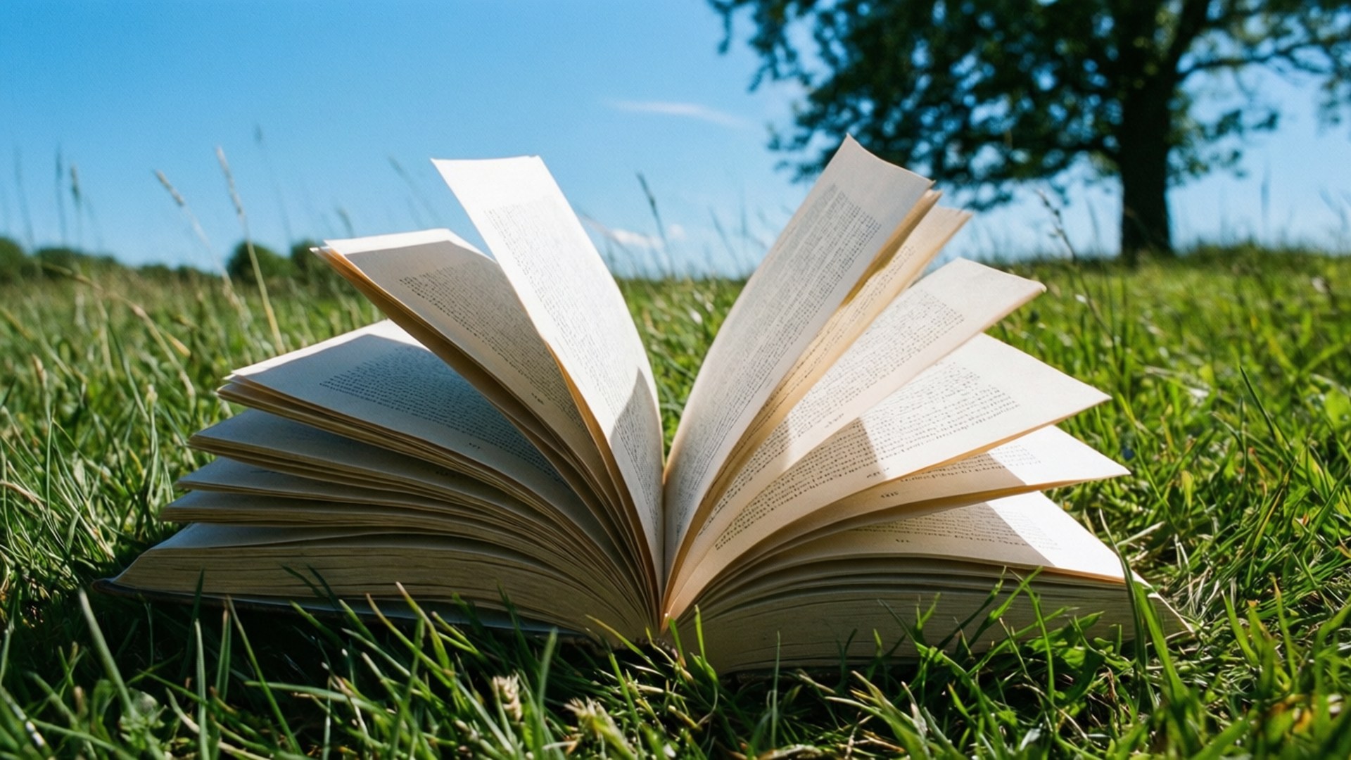 草地上的書 壁紙 — 一本打開的書放在鮮綠色的草地上，背景有樹，天空清澈湛藍。