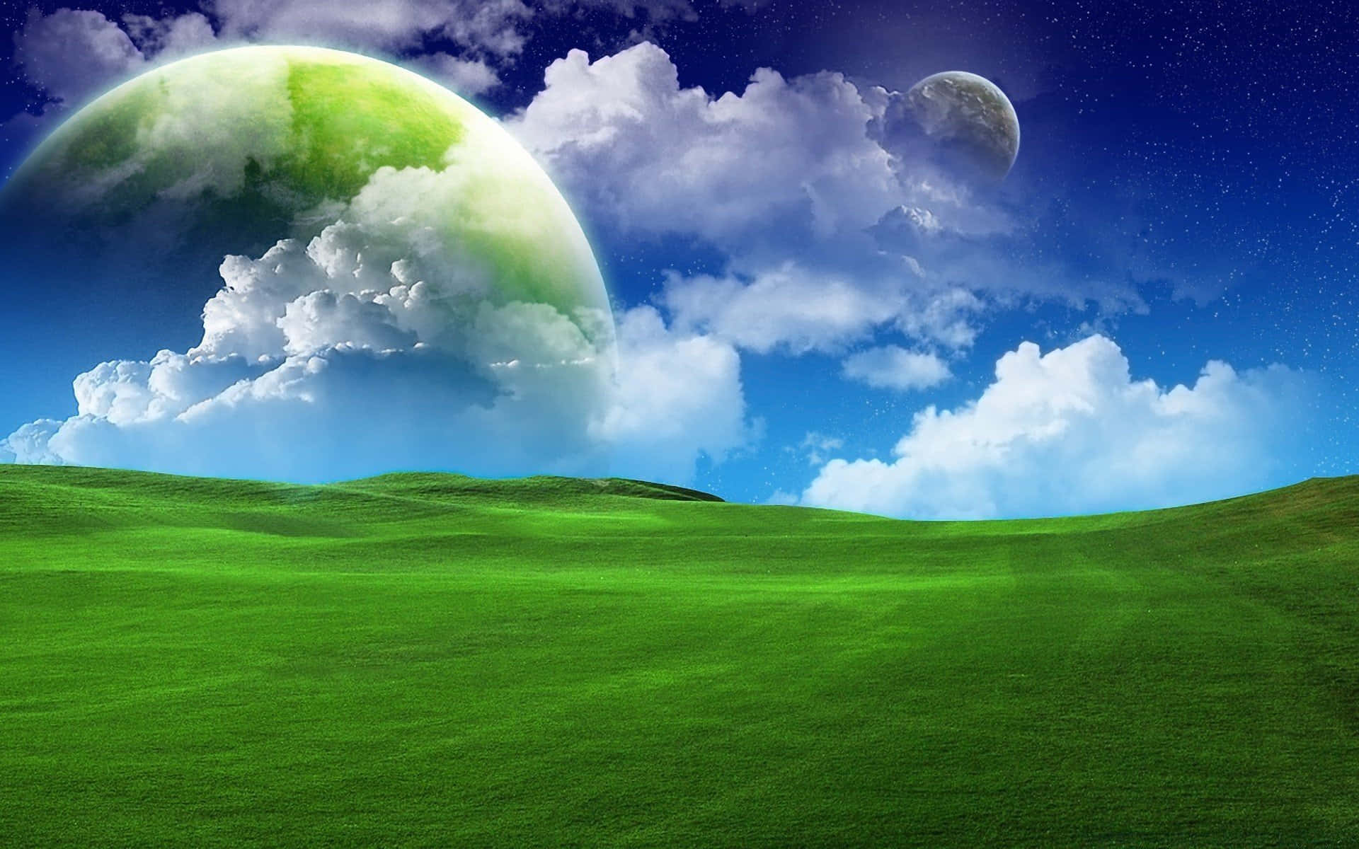 草地與天空星際幻想藝術背景 壁紙 — 廣闊的綠色起伏山丘，藍天白雲，兩顆行星漂浮在上方。