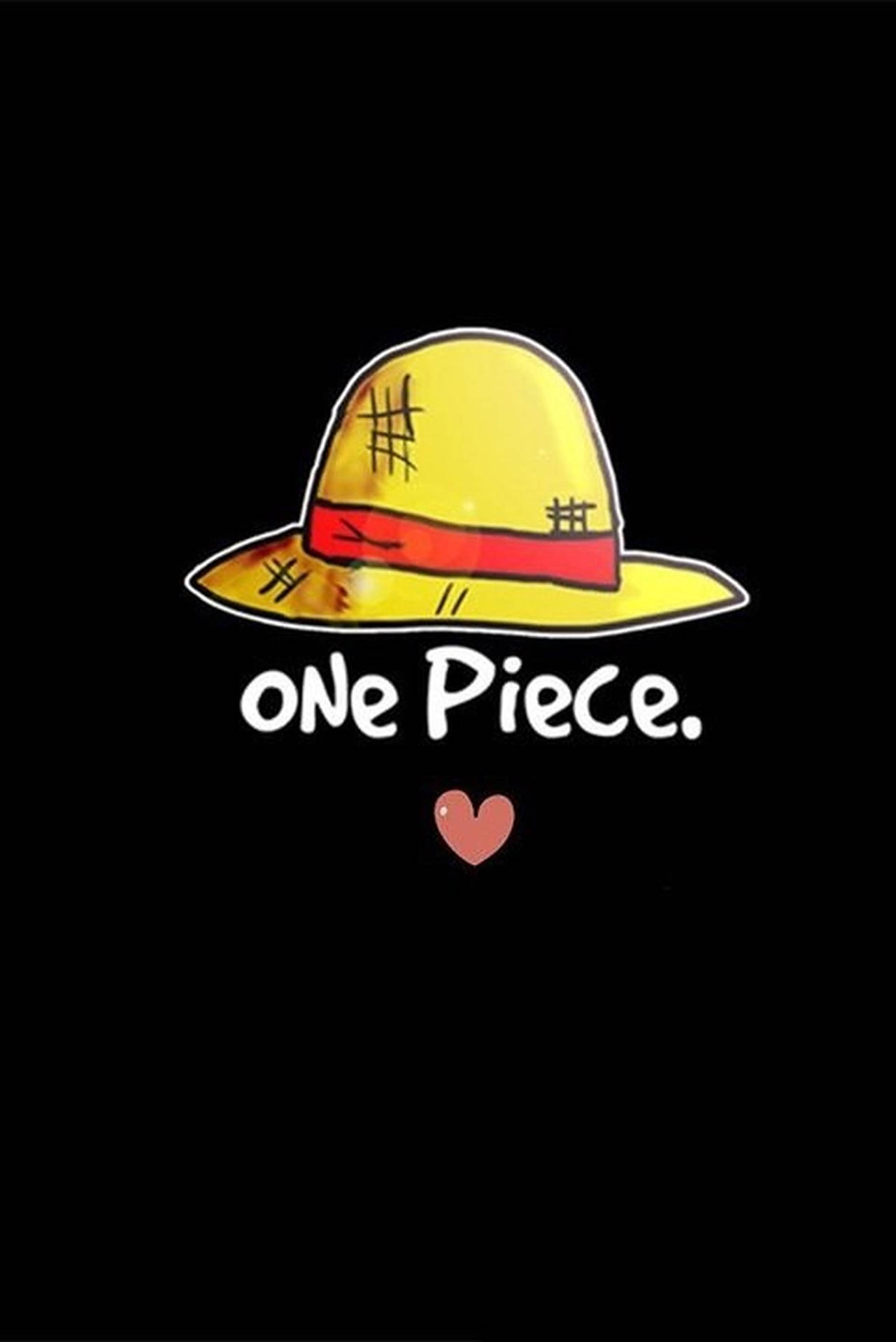 來自《One Piece》動畫的黃色草帽，帶有紅色帶子和縫線標記，附文字和心形。