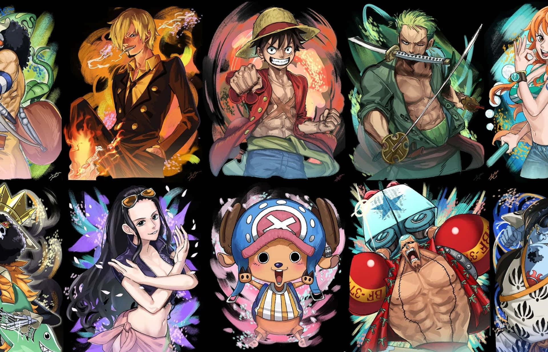 草帽海賊團《海賊王》動漫拼貼畫 壁紙 — 來自《One Piece》的鮮豔動漫角色，在色彩繽紛的抽象背景前動態擺姿勢。