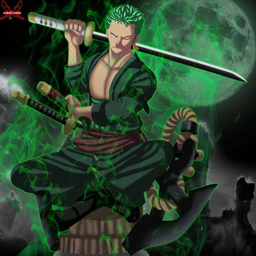 動漫戰士，綠色頭髮和光環，在滿月下持劍。