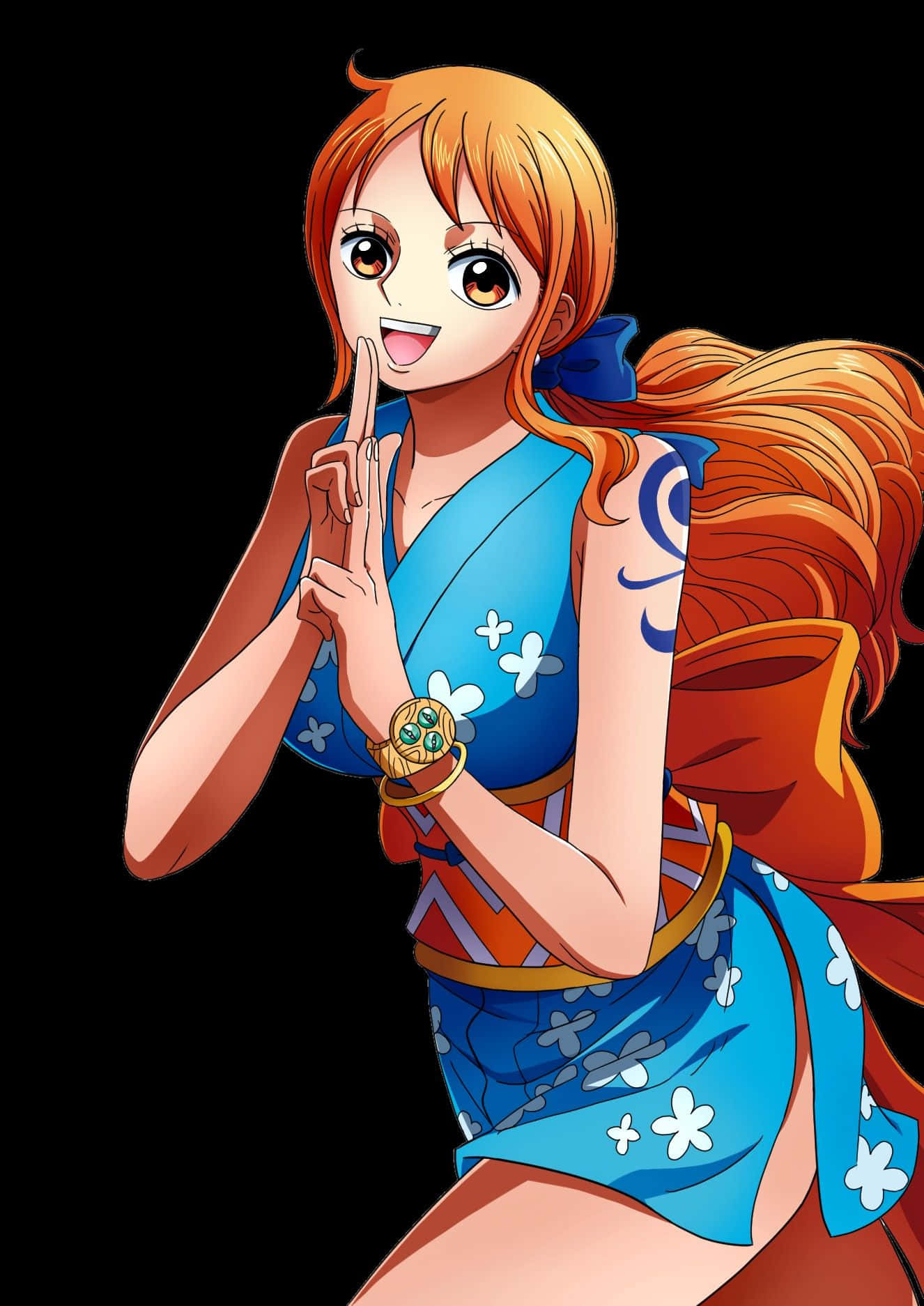 穿著藍色花卉和服的動漫女孩眨眼並將手指放在嘴唇上。