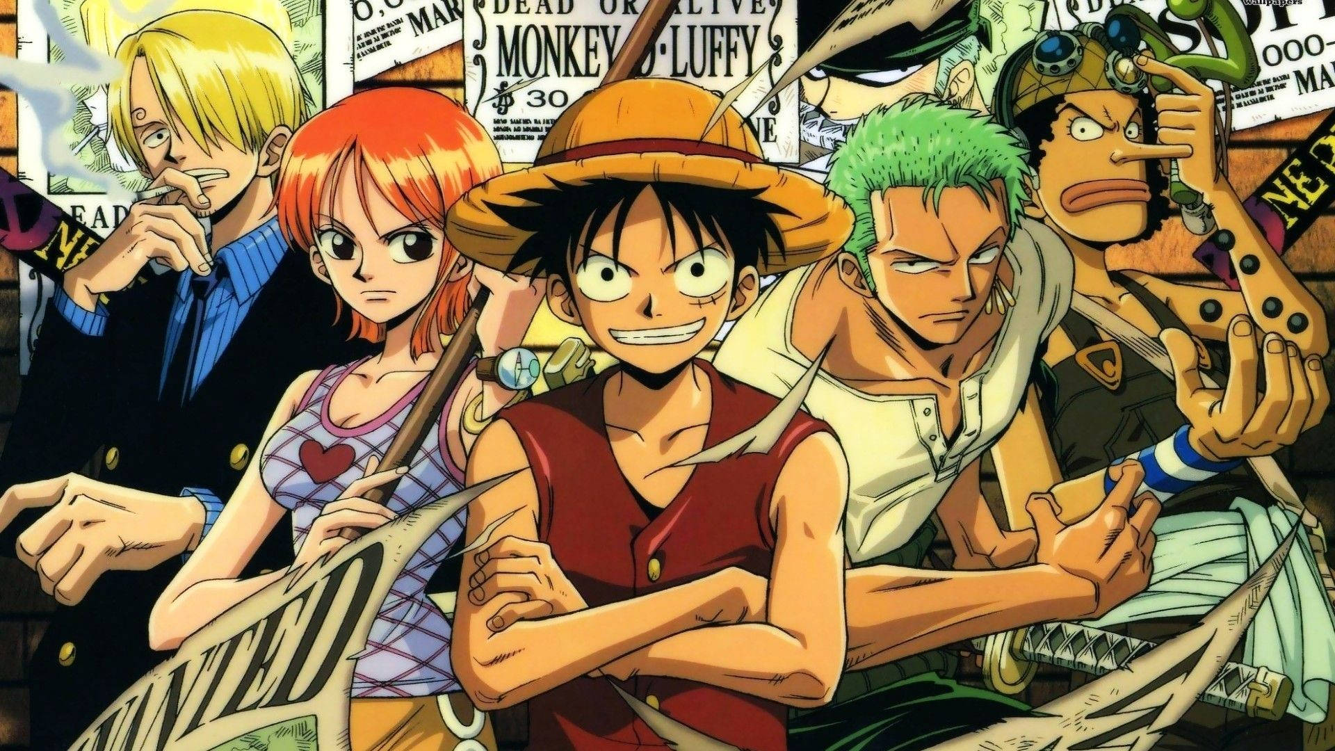 草帽海賊團戰鬥姿態 壁紙 — 一幅充滿活力的動畫團體肖像，描繪《One Piece》船員們拿著懸賞海報和武器擺姿勢。