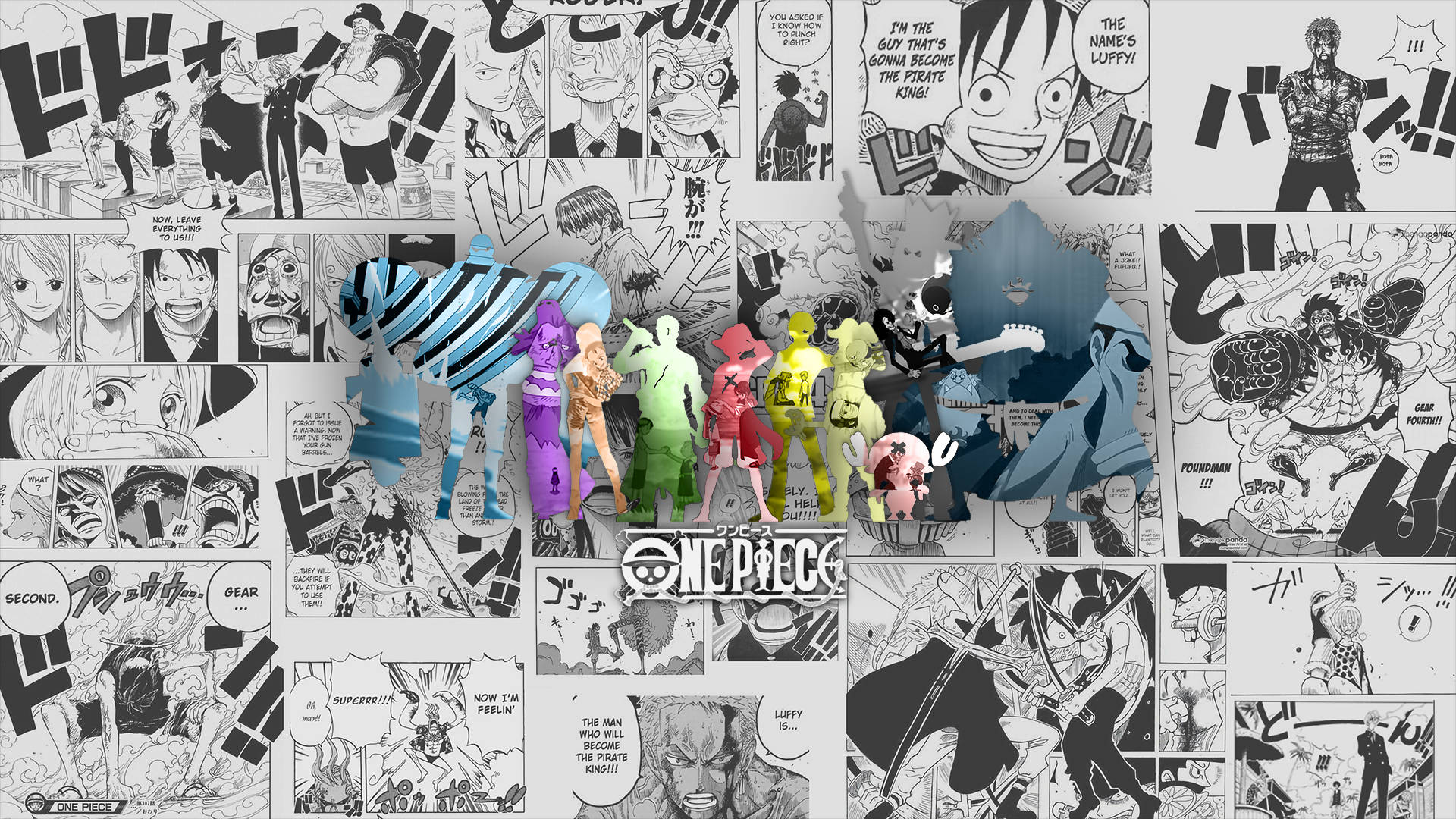 草帽海賊團漫畫分鏡 壁紙 — 來自《One Piece》的鮮豔3D動畫角色以彩色剪影形式站立在黑白漫畫面板拼貼背景前。