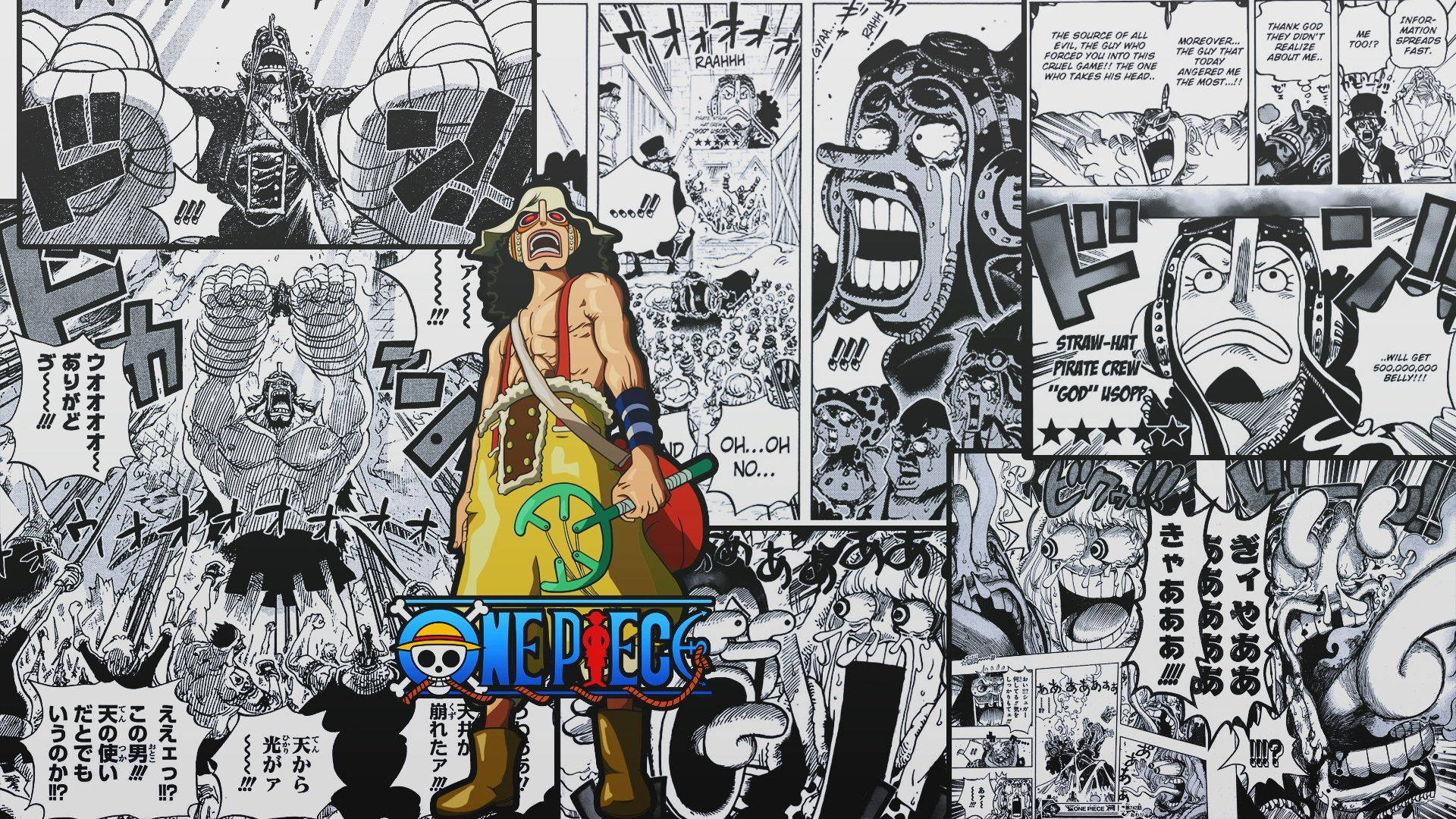 草帽海賊團烏索普漫畫場景 壁紙 — 來自《One Piece》的動態漫畫面板拼貼，描繪路飛穿著黃色背心，身處混亂動作和表情豐富的角色之中。