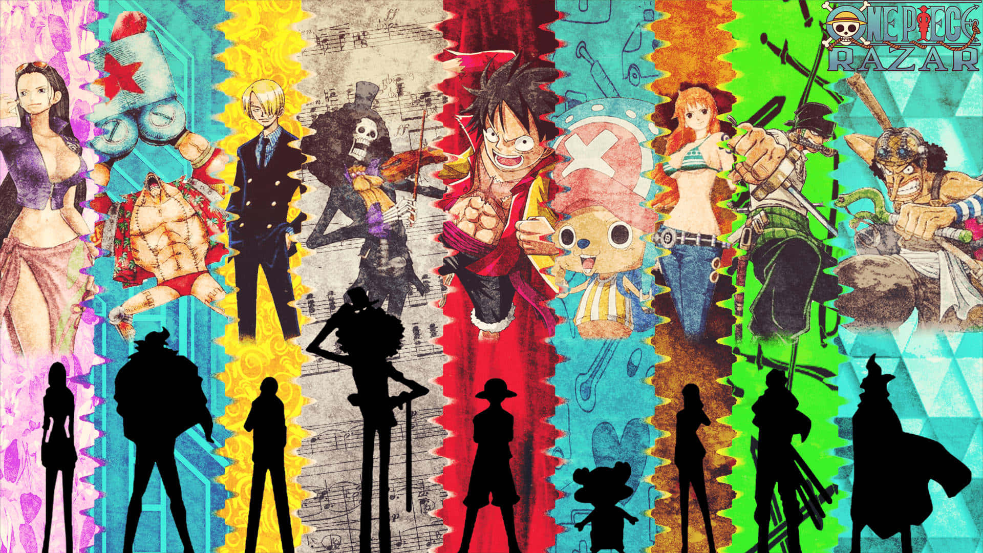 草帽海賊團色彩繽紛動漫 壁紙 — One Piece 角色以色彩繽紛的垂直面板拼貼，下方帶有黑色剪影。