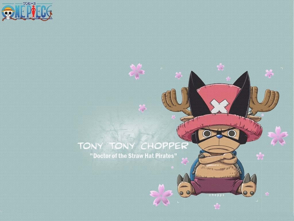 草帽海賊團醫生海賊王喬巴 壁紙 — One Piece 的喬巴盤腿坐在淺藍色背景前，周圍有飄浮的粉紅色櫻花。