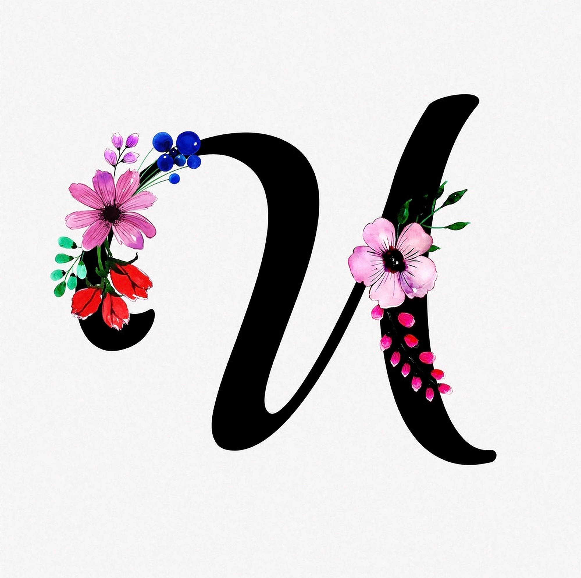 草書字母U 壁紙 — 一個大膽的黑色字母U，點綴著充滿活力的水彩花朵和漿果，襯以柔和的白色背景。
