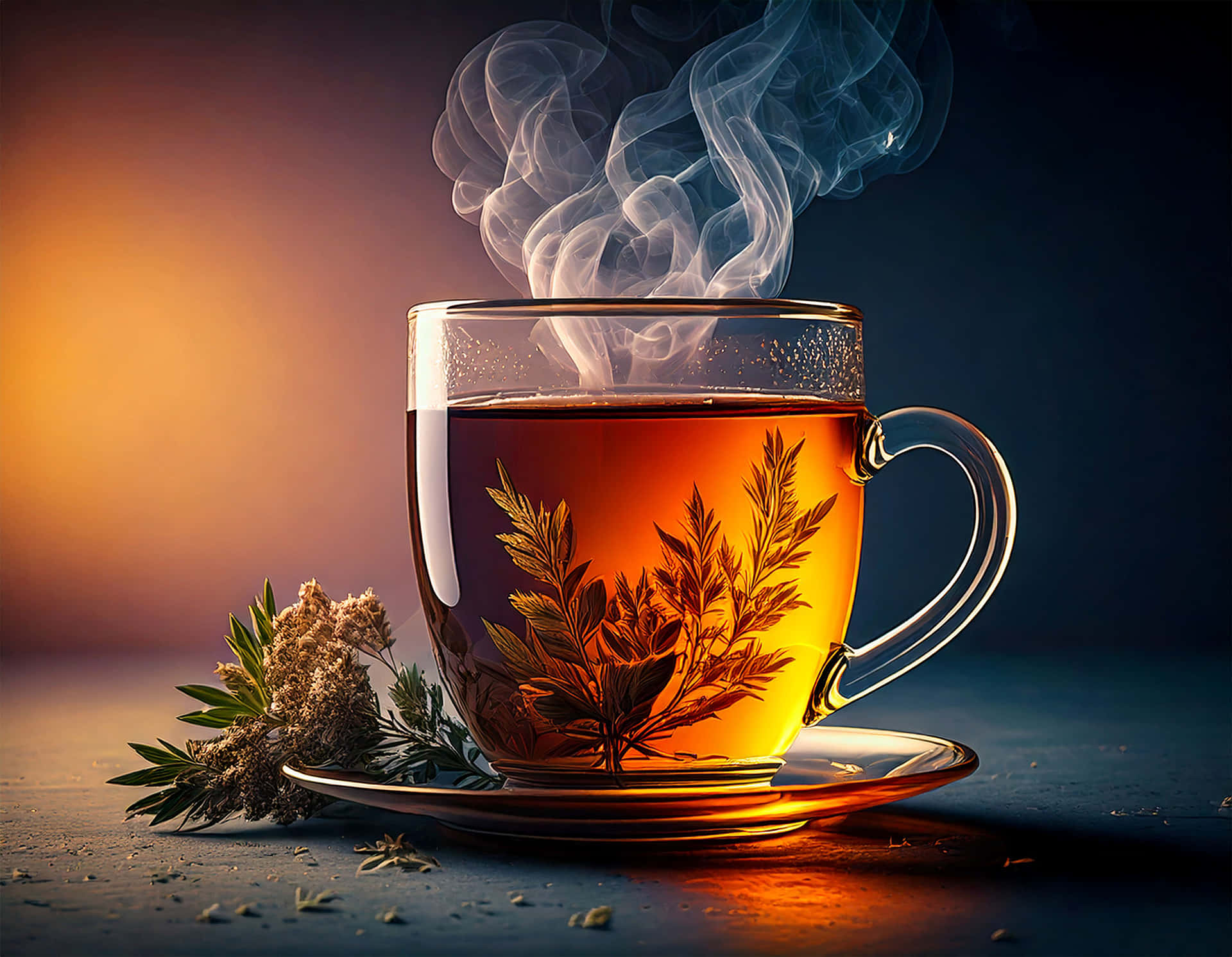 一杯冒煙的草本茶，內有葉片，旁邊有乾燥草本植物在深色表面上。