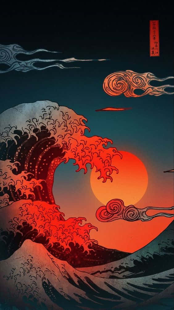 在日本木版畫風格中，一道戲劇性的紅色波浪在發光的橙色太陽下湧起。