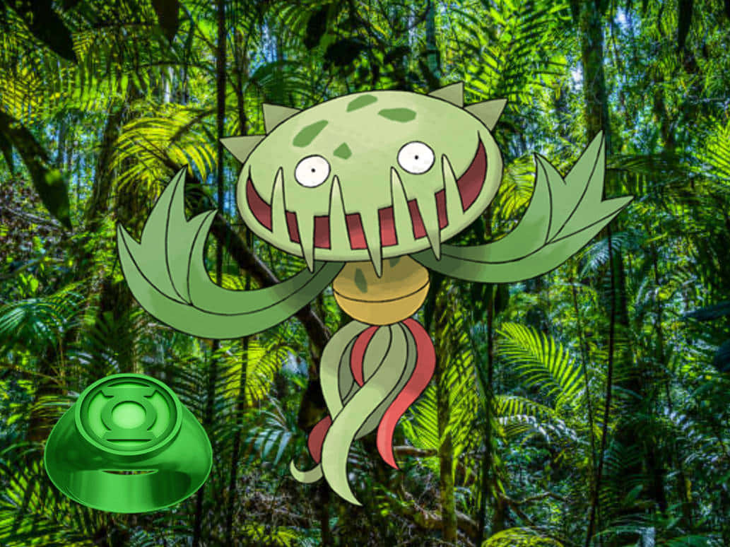 草系寶可夢 Carnivine 壁紙 — 一隻卡通風格的綠色寶可夢，擁有葉狀四肢和鋒利牙齒，從茂密的叢林背景中出現。