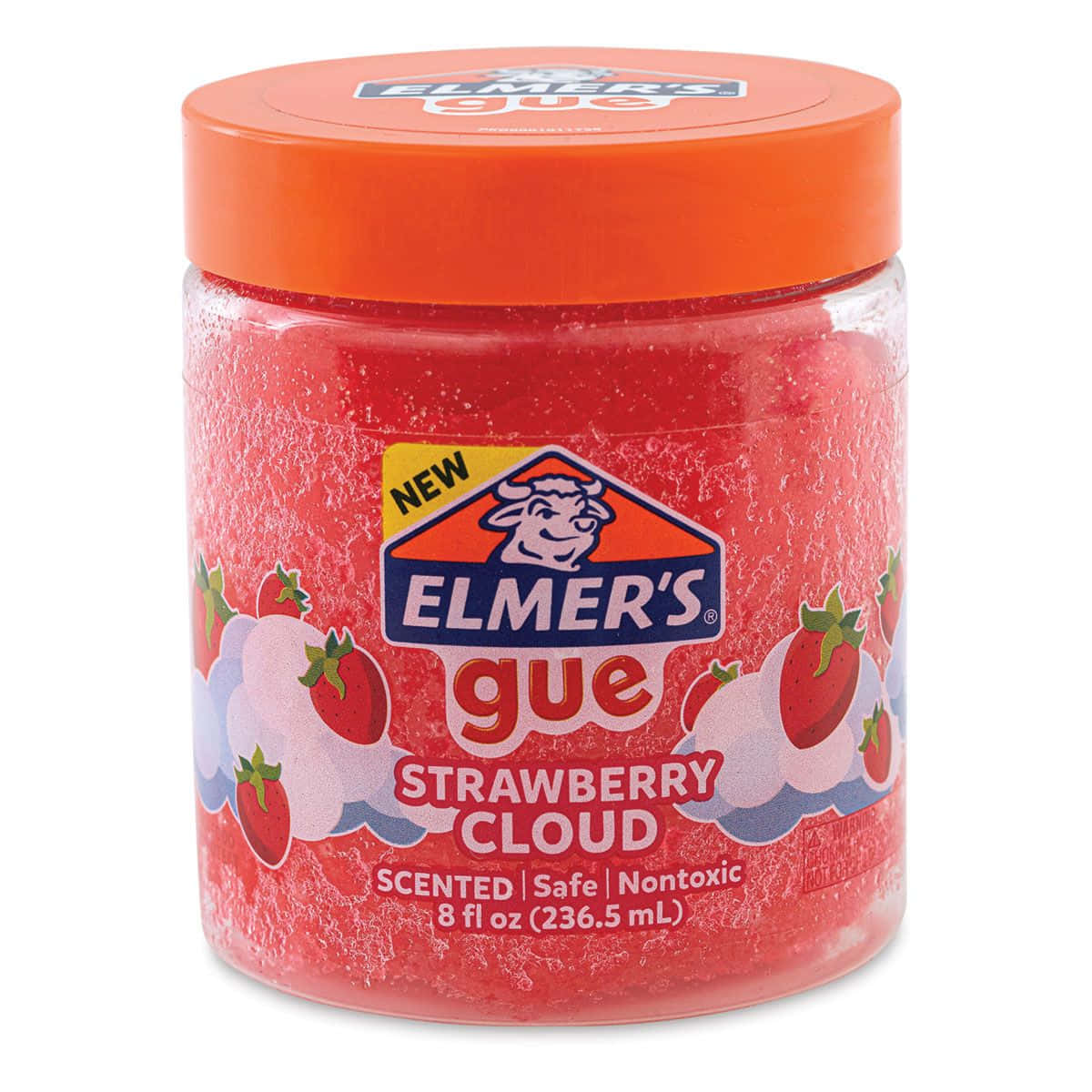 草莓雲史萊姆圖像 壁紙 — 一個鮮紅色的Elmer's Strawberry Cloud香味膠水罐，帶橙色蓋子和俏皮的草莓雲圖案。