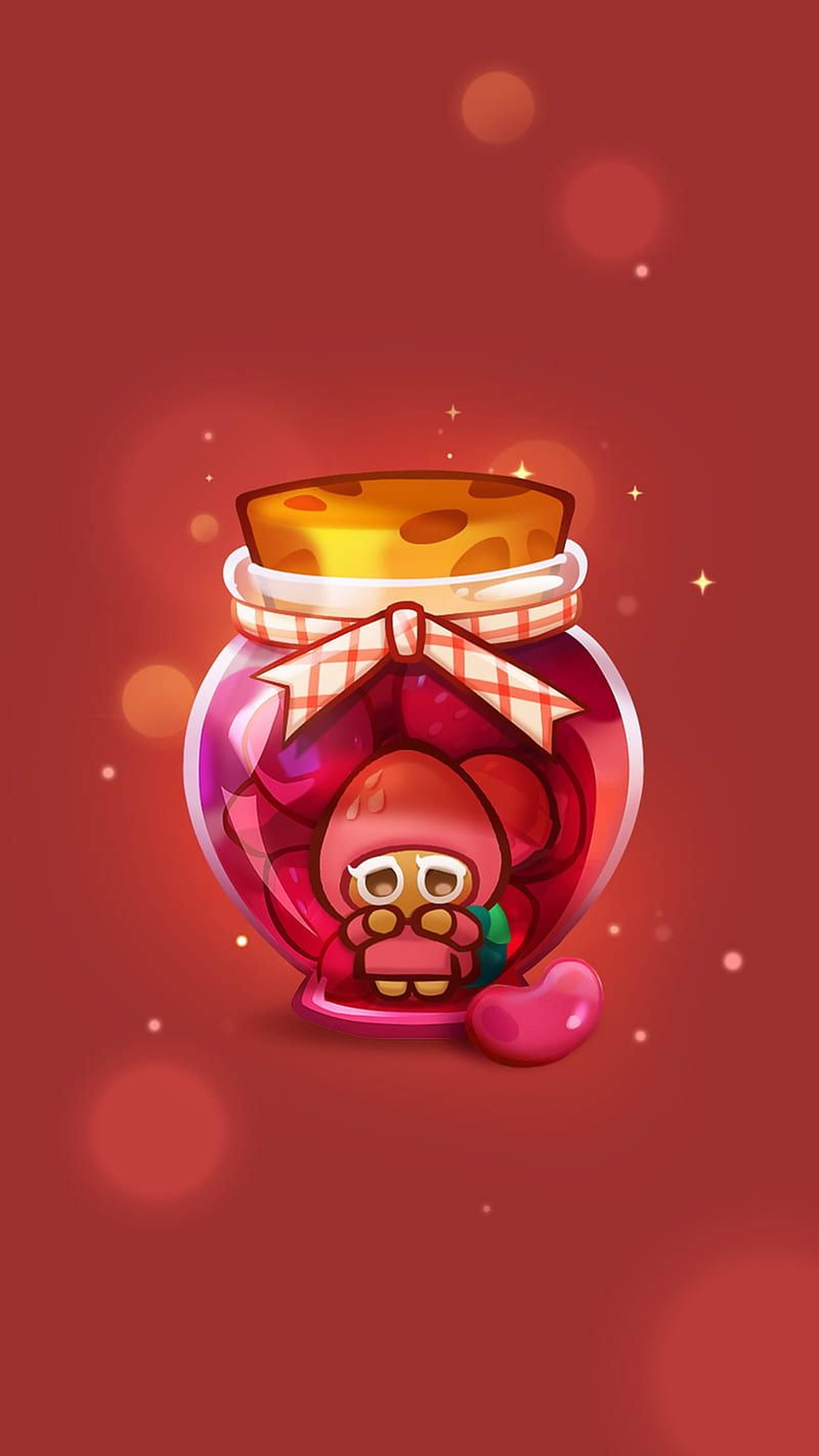 草莓餅乾 Cookie Run 壁紙 — 一個可愛的卡通角色在一個裝滿粉紅色糖果心形糖果的玻璃罐中，背景是發光的紅色。