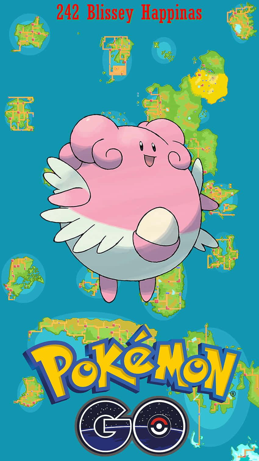 粉紅色寶可夢吉利蛋和幸福蛋與遊戲地圖和Pokémon GO標誌一起漂浮。