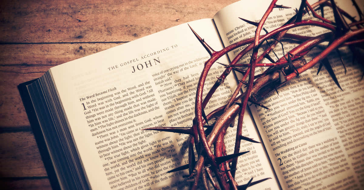 Jesus Crown Of Thorns 桌布 壁紙 — 荊棘冠冕安放在一本打開的聖經上，置於質樸的木桌上，喚起莊嚴的宗教象徵意義。