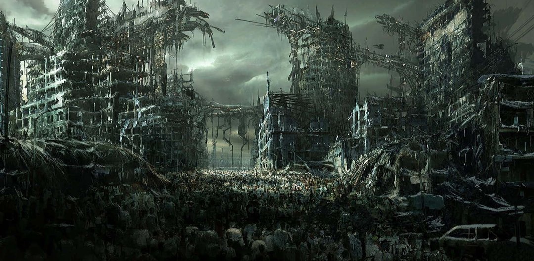 Apocalypse 桌布 壁紙 — 荒涼的末日後城市景觀，搖搖欲墜的摩天大樓和陰沉天空下密集的倖存者人群。