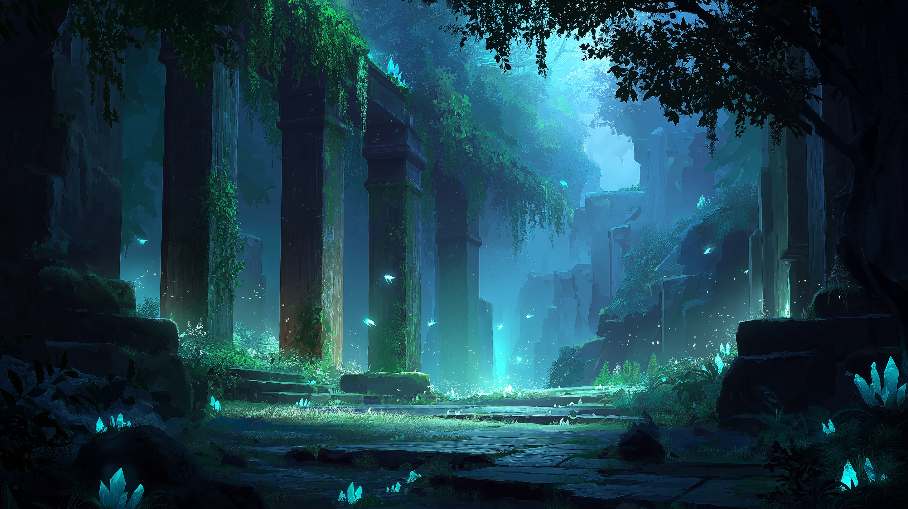 荒蕪的古代遺跡 壁紙 — 古老的石柱長滿苔蘚和藤蔓，在霧氣瀰漫的林間空地中散發著空靈的藍光。