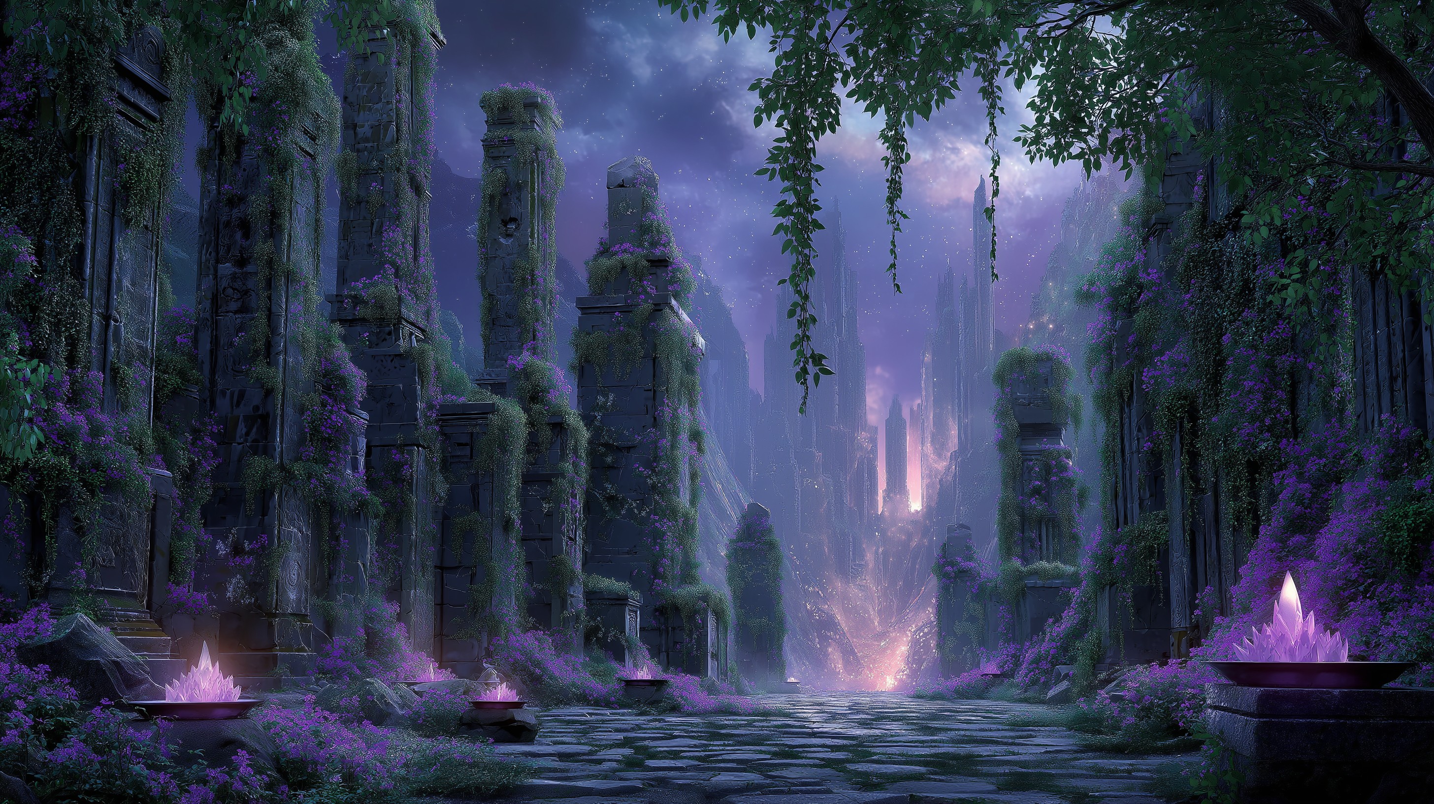 荒蕪的古代遺跡 壁紙 — 神秘暮色天空下，古老石頭廢墟被藤蔓和發光的紫色植物覆蓋。