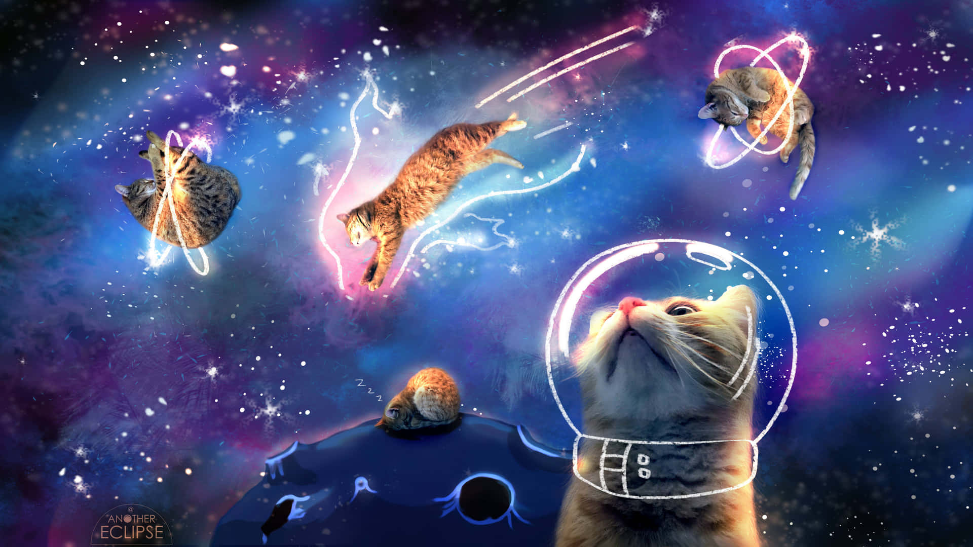 穿著太空衣的貓咪在色彩繽紛的星雲中漂浮於星星和宇宙痕跡之間。 — 可愛星系 壁紙