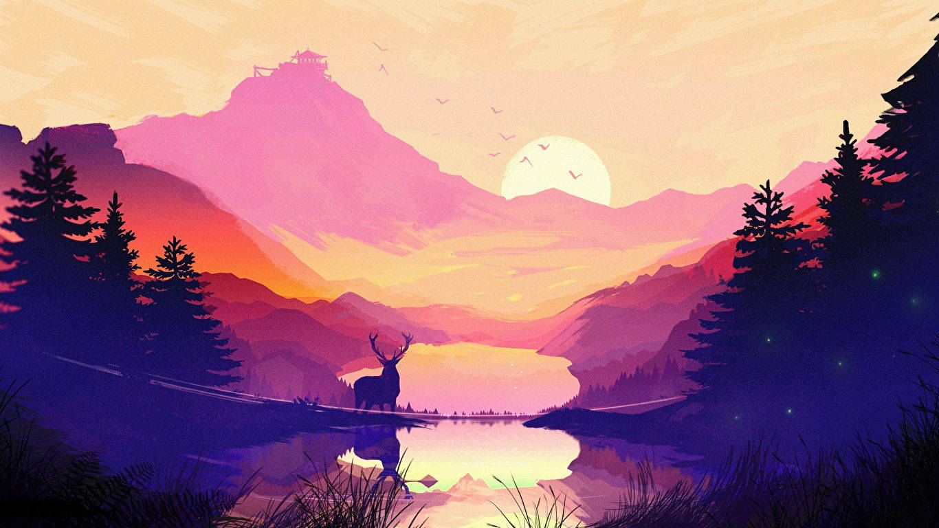 日落時分湖邊的鹿，背景有山脈和滿月。