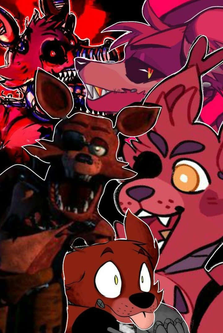 荒野中的迷人狐狸 壁紙 — 暗紅色背景上，Five Nights at Freddy's 系列中既嚇人又可愛嘅擬人化動物角色嘅混亂拼貼畫。